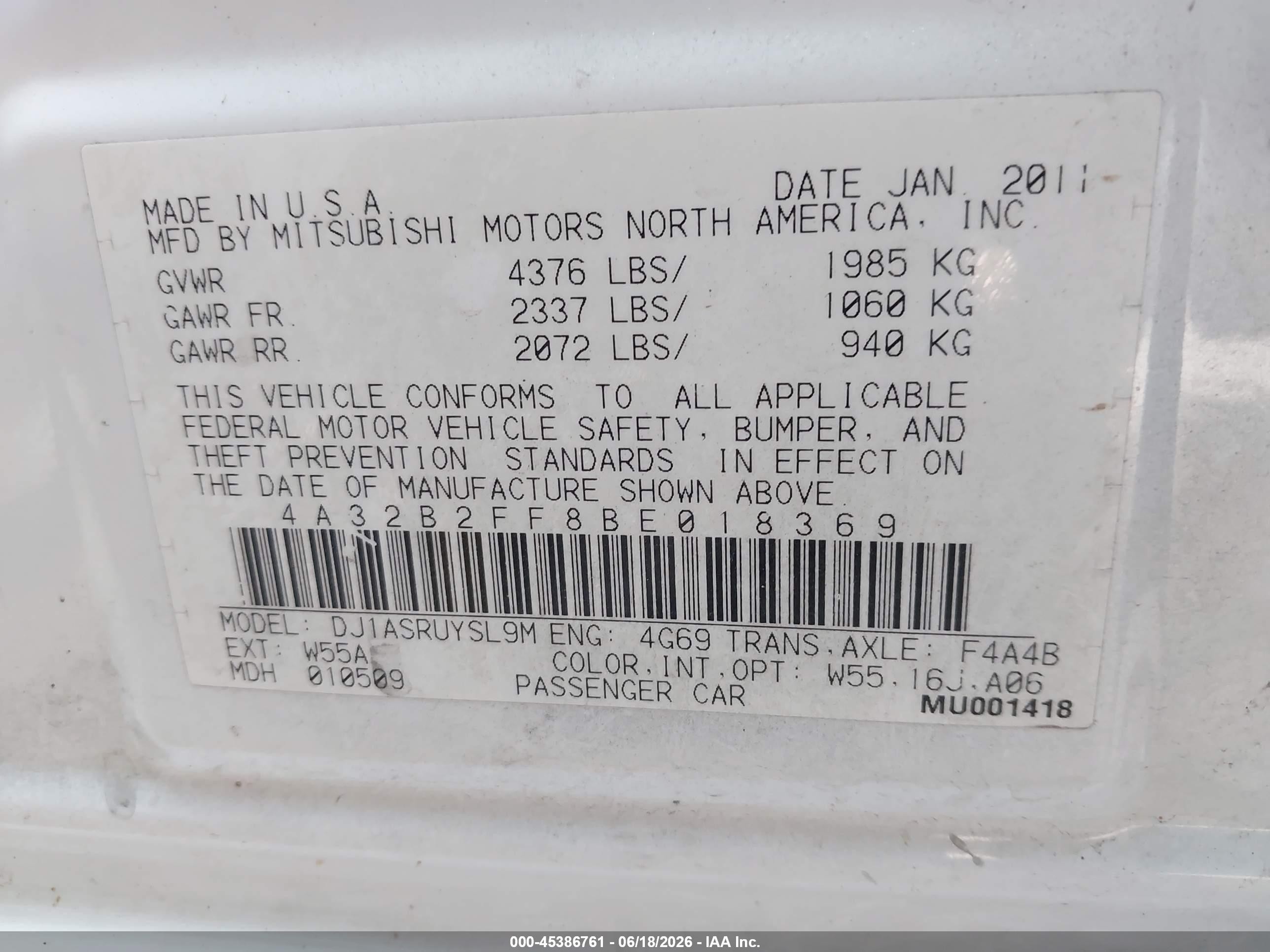 2011 Mitsubishi Galant Fe White vin: 4A32B2FF8BE018369