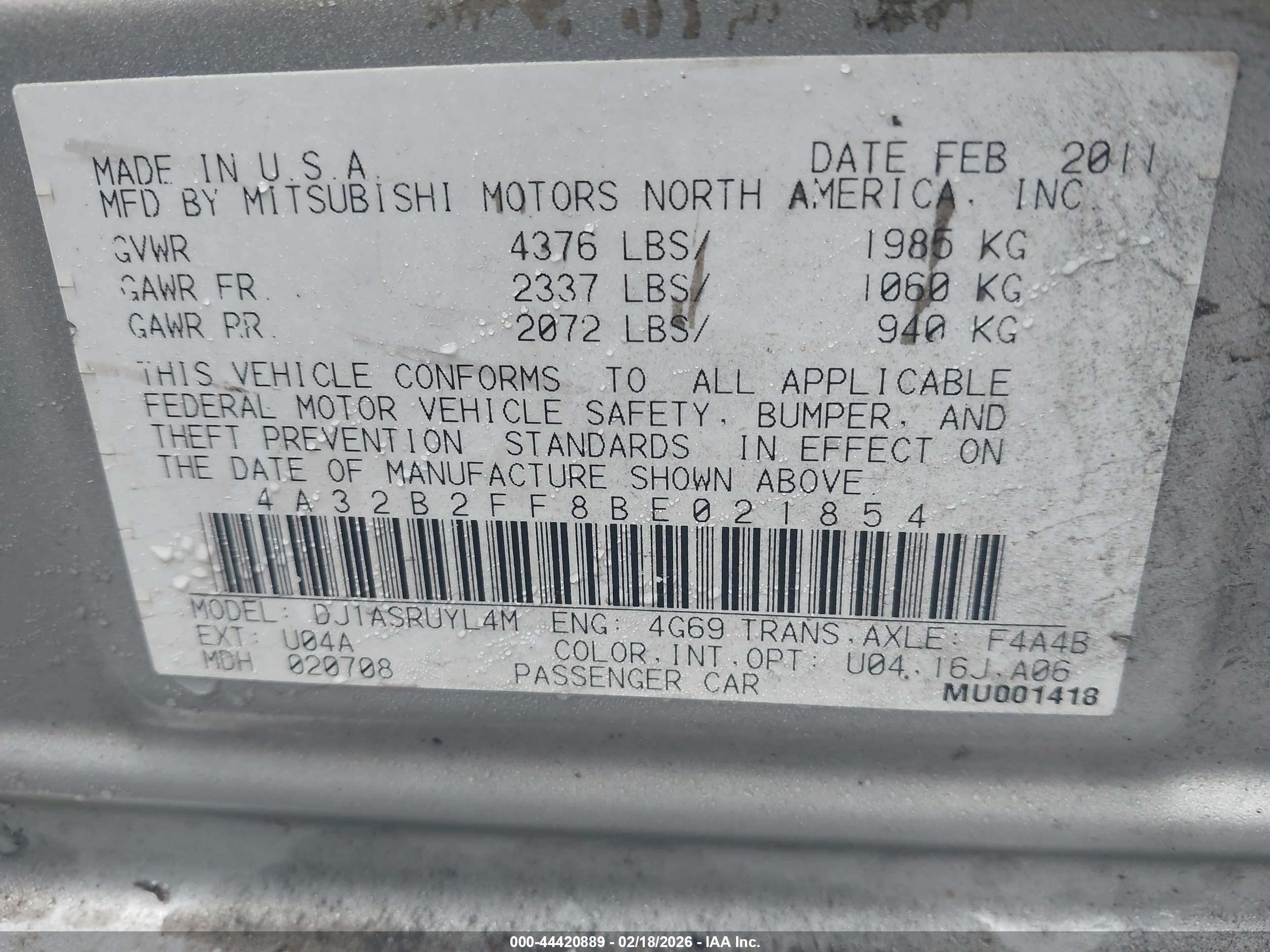 2011 Mitsubishi Galant Fe Gray vin: 4A32B2FF8BE021854