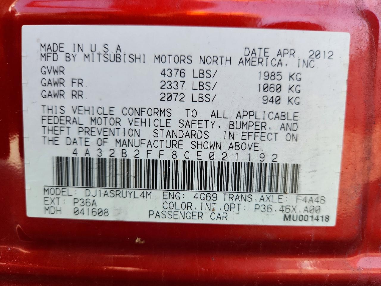 2012 Mitsubishi Galant Fe Red vin: 4A32B2FF8CE021192