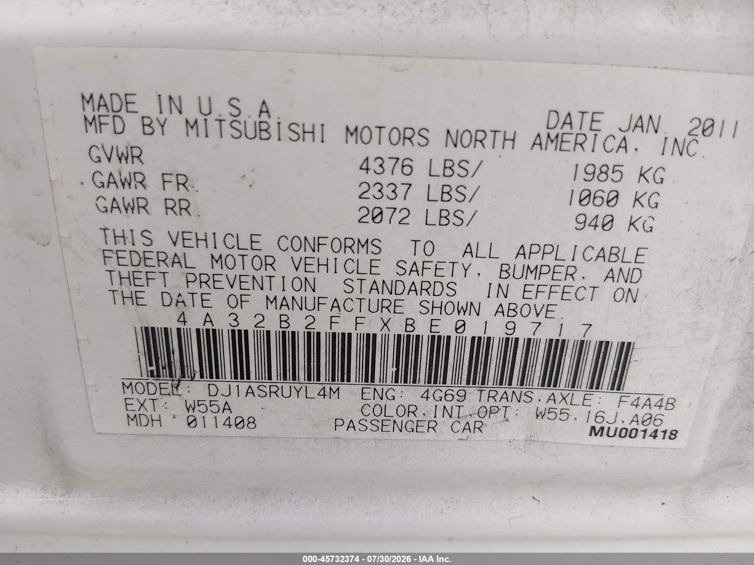 2011 Mitsubishi Galant Fe White vin: 4A32B2FFXBE019717