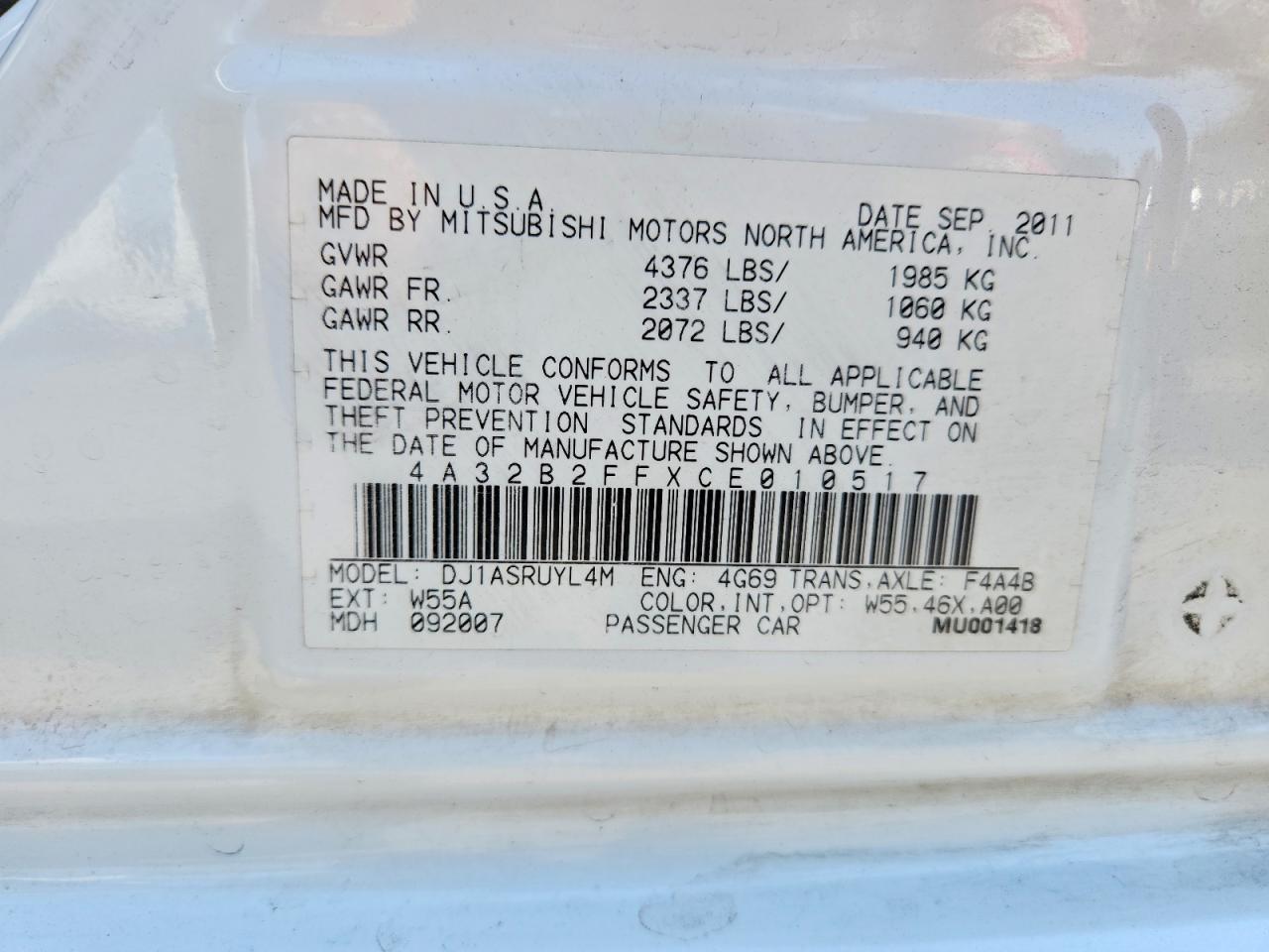 2012 Mitsubishi Galant Fe White vin: 4A32B2FFXCE010517