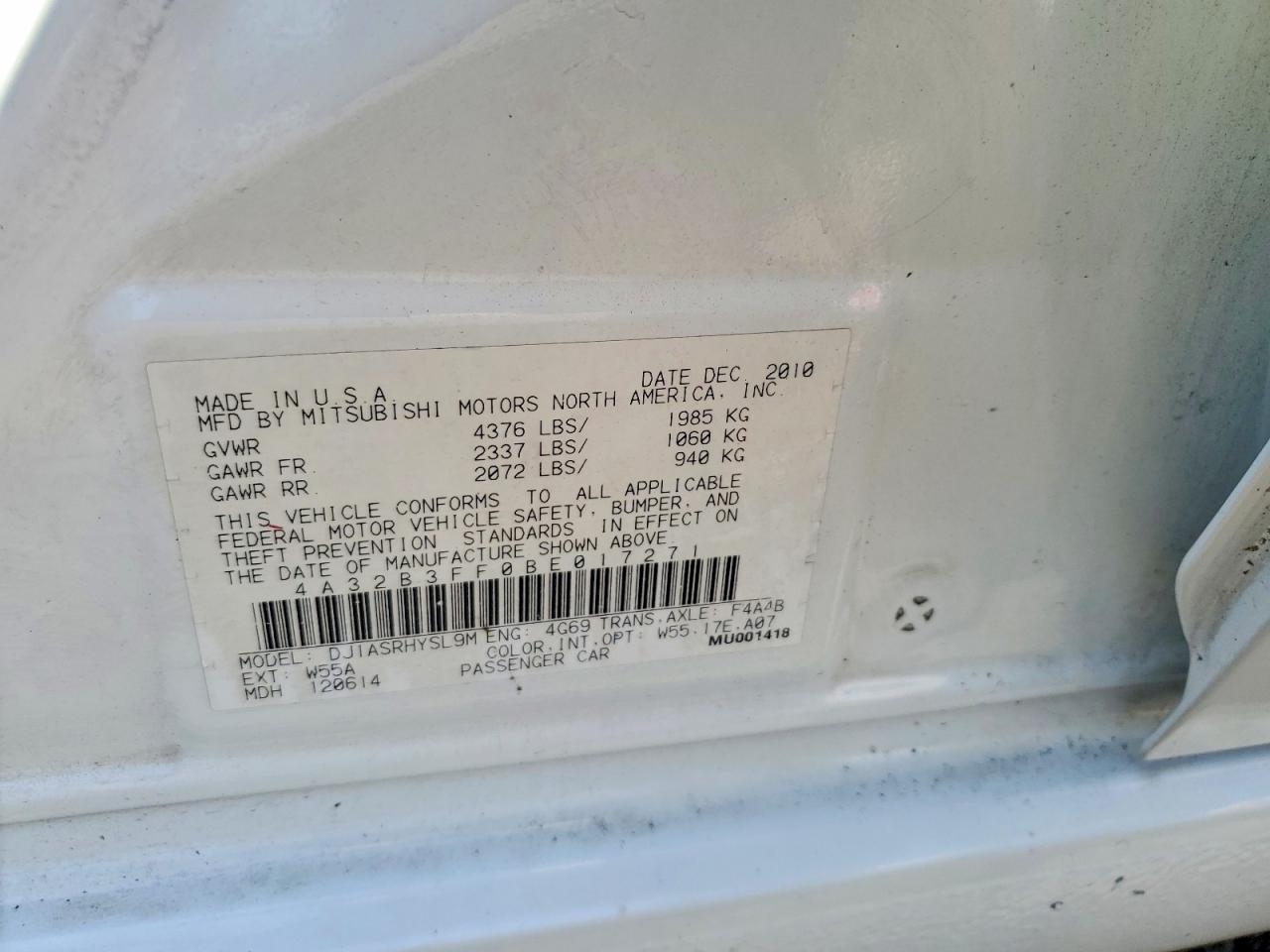 2011 Mitsubishi Galant Es Белый vin: 4A32B3FF0BE017271