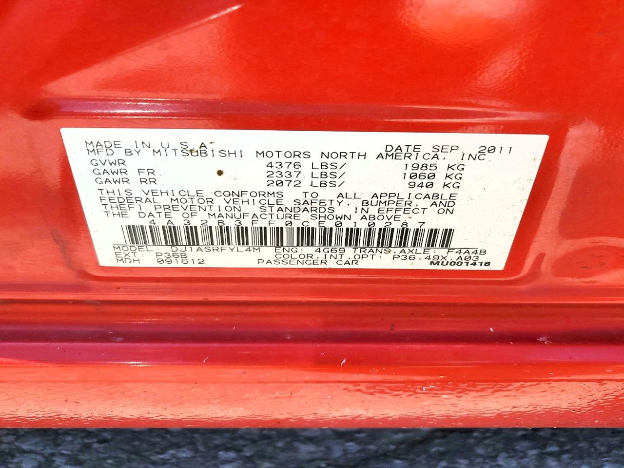 2012 Mitsubishi Galant Es Red vin: 4A32B3FF0CE010287