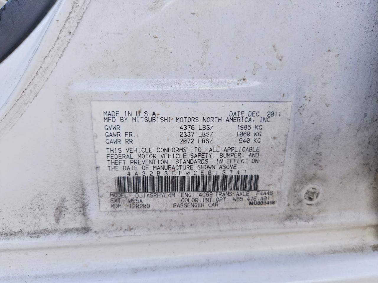2012 Mitsubishi Galant Es Белый vin: 4A32B3FF0CE013741