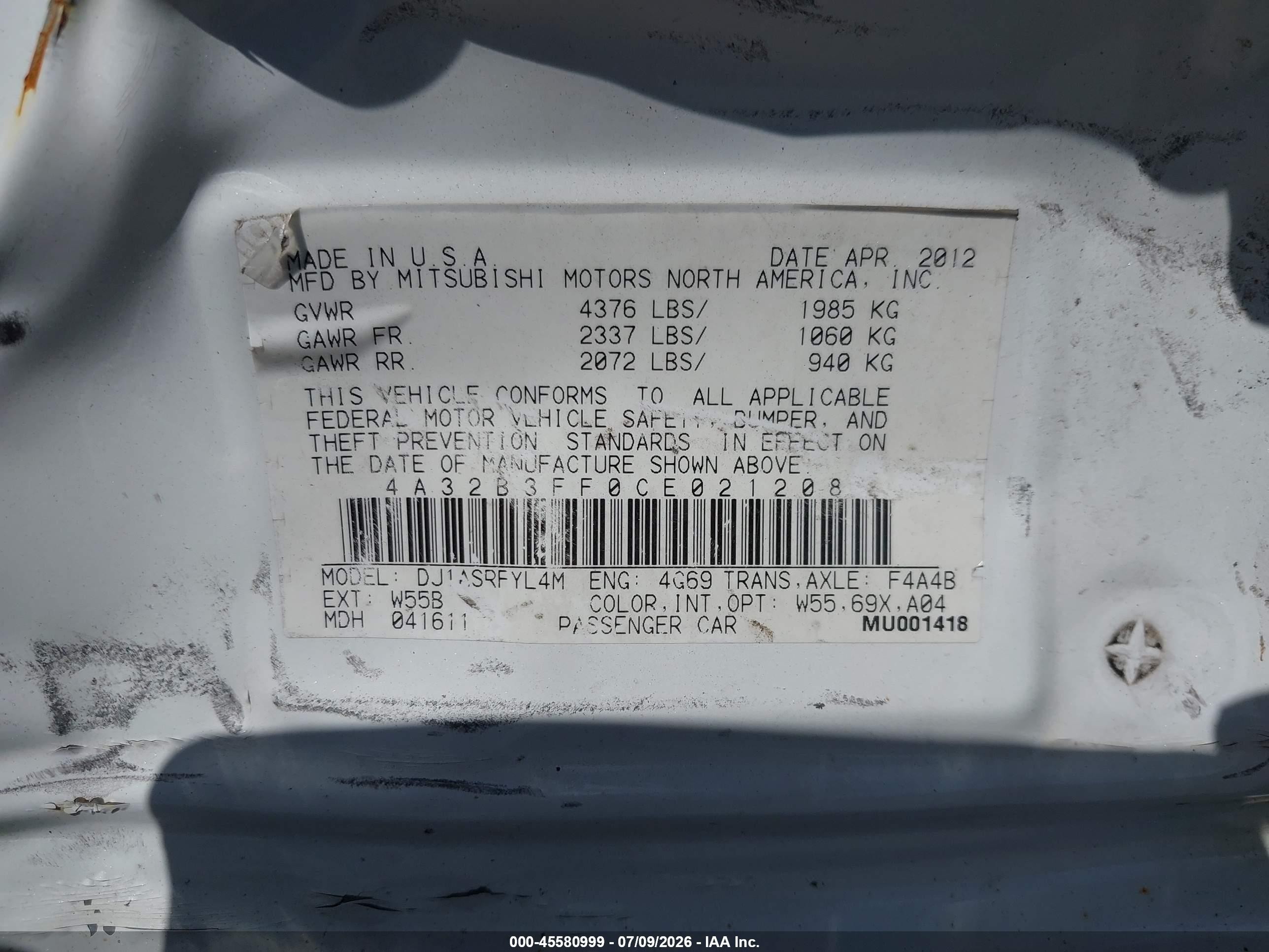 2012 Mitsubishi Galant Es/se White vin: 4A32B3FF0CE021208