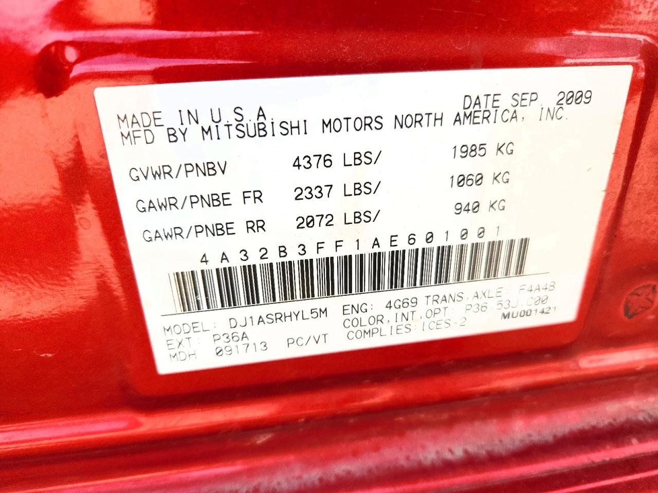 2010 Mitsubishi Galant Es Red vin: 4A32B3FF1AE601001