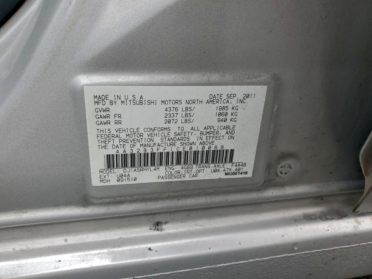 2012 Mitsubishi Galant Es Silver vin: 4A32B3FF1CE010069