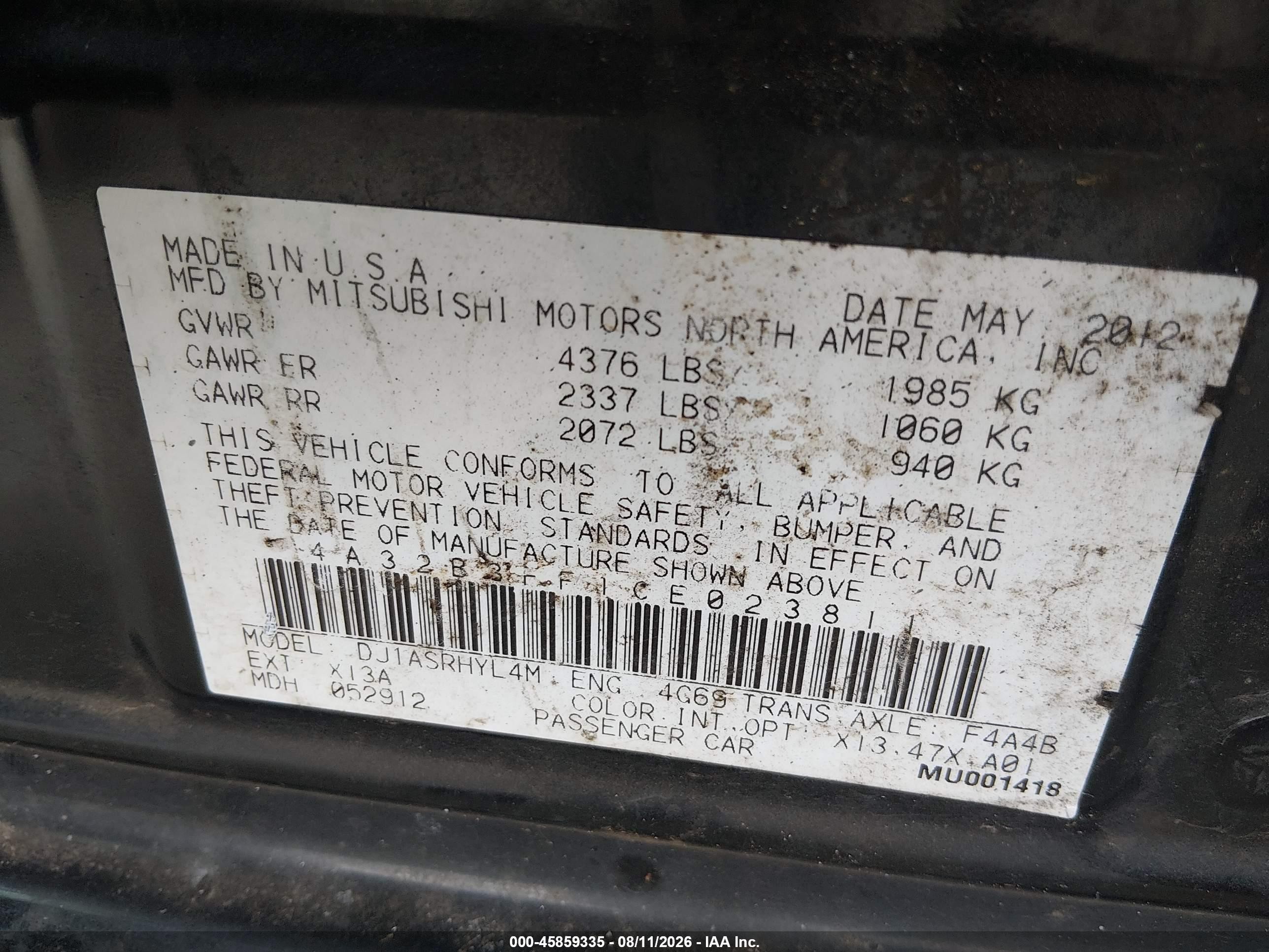 2012 Mitsubishi Galant Es/se Black vin: 4A32B3FF1CE023811