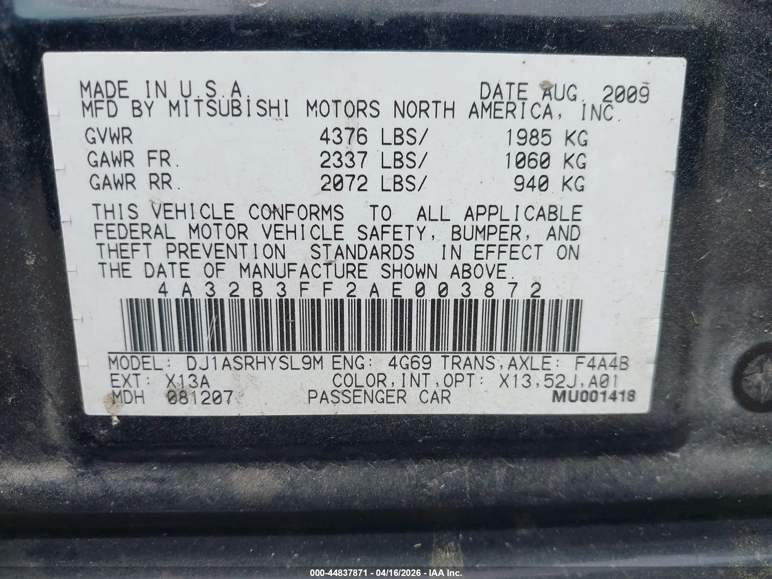 2010 Mitsubishi Galant Es/se Черный vin: 4A32B3FF2AE003872