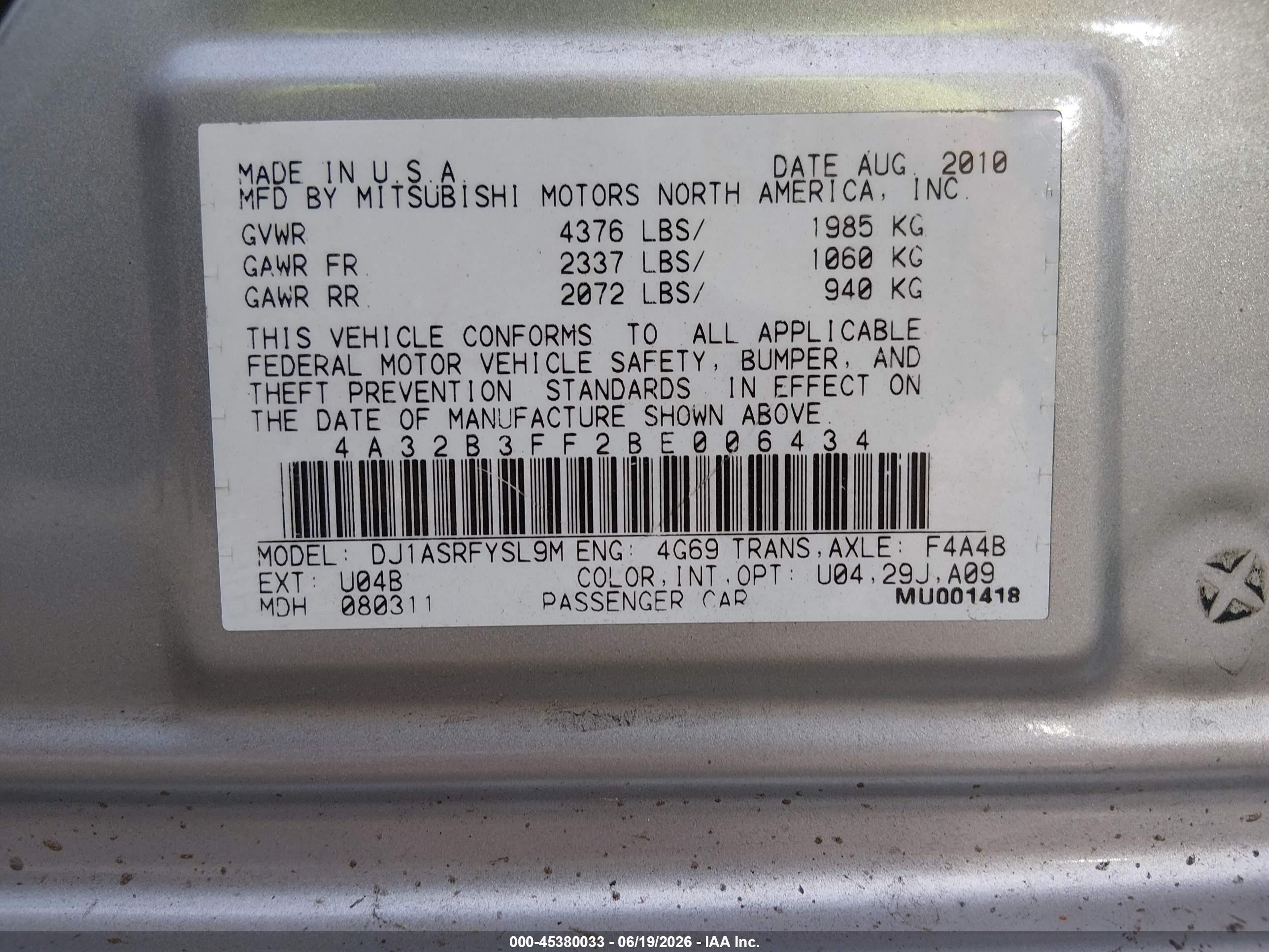 2011 Mitsubishi Galant Es/se Silver vin: 4A32B3FF2BE006434