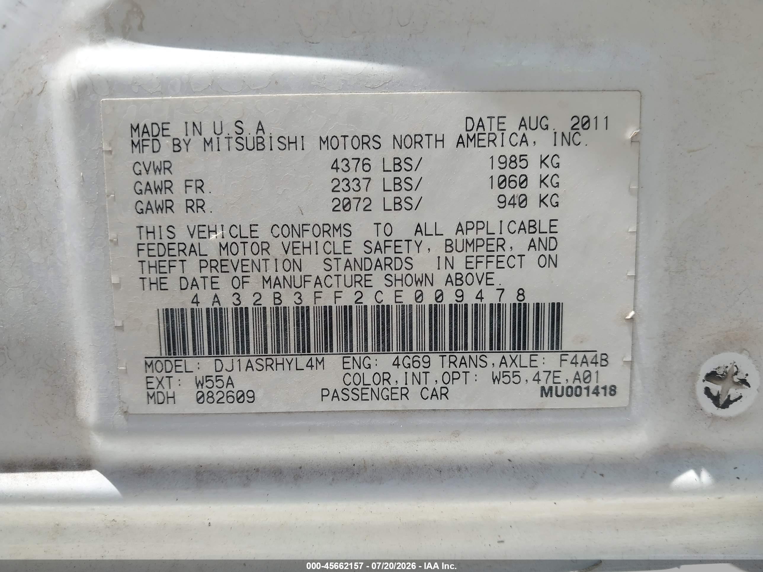 2012 Mitsubishi Galant Es/se White vin: 4A32B3FF2CE009478