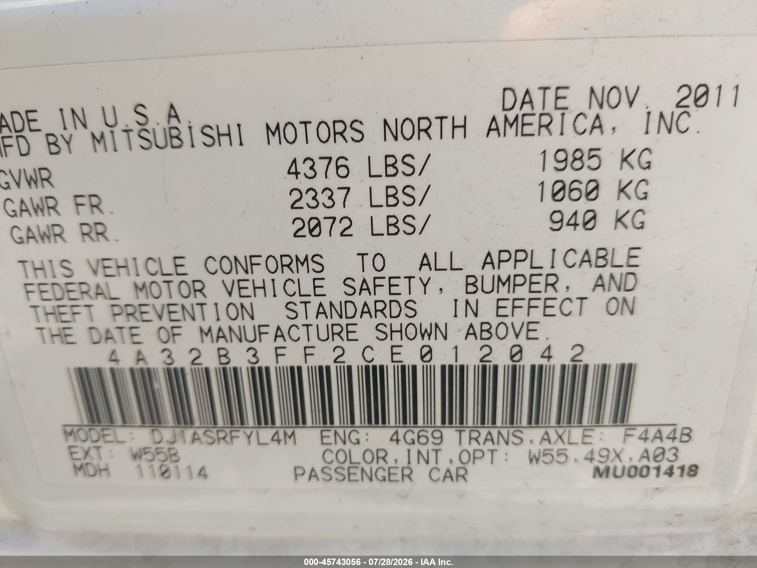 2012 Mitsubishi Galant Es/se White vin: 4A32B3FF2CE012042
