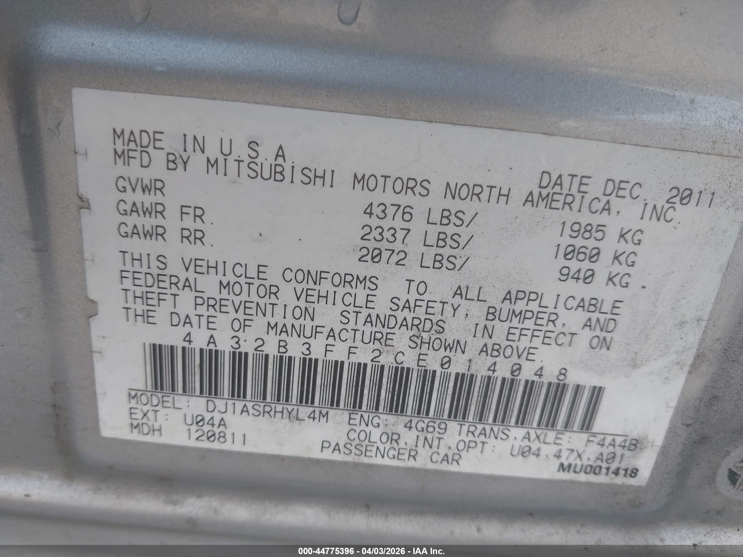 2012 Mitsubishi Galant Es/se Silver vin: 4A32B3FF2CE014048