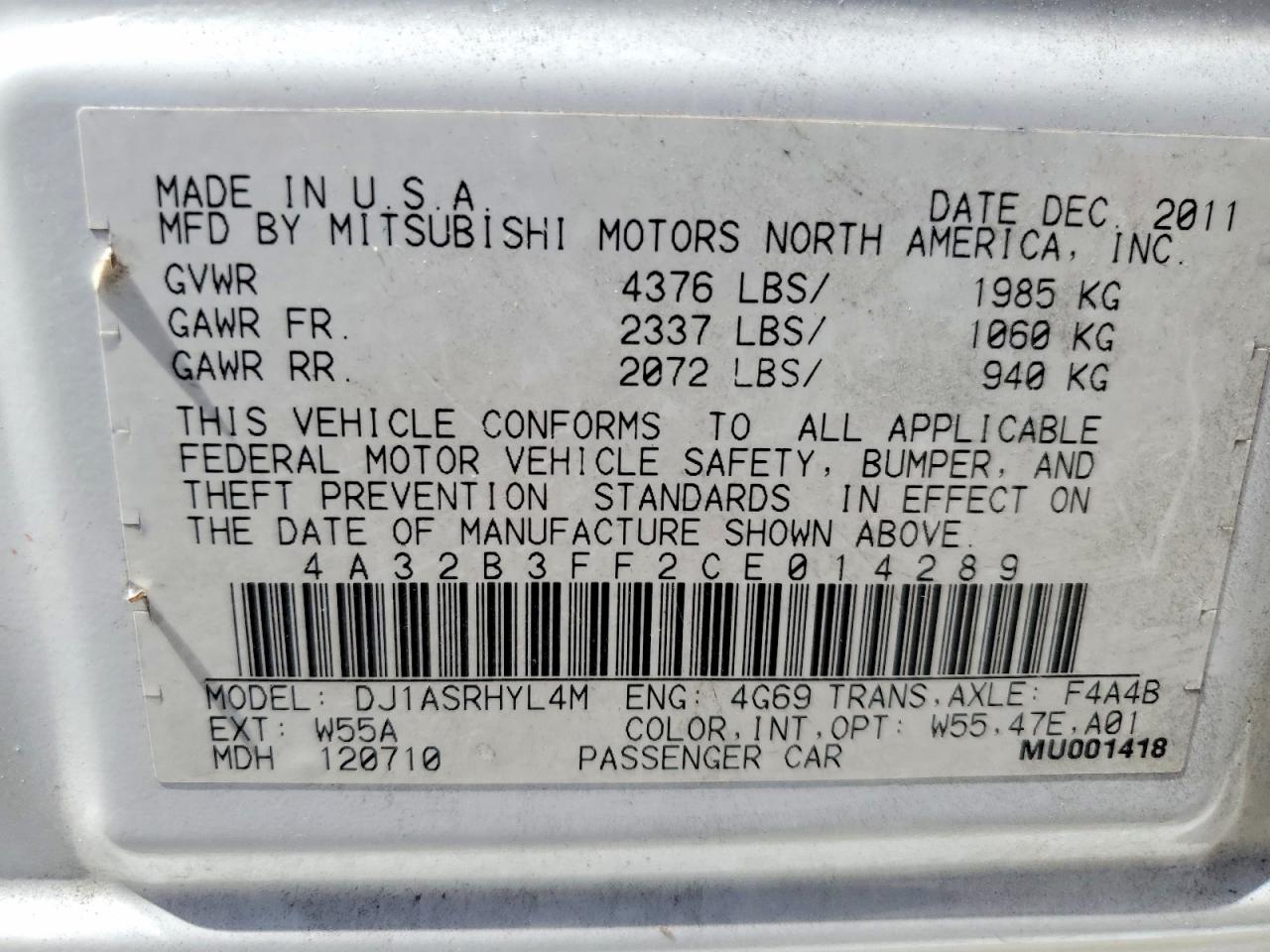 2012 Mitsubishi Galant Es/se White vin: 4A32B3FF2CE014289