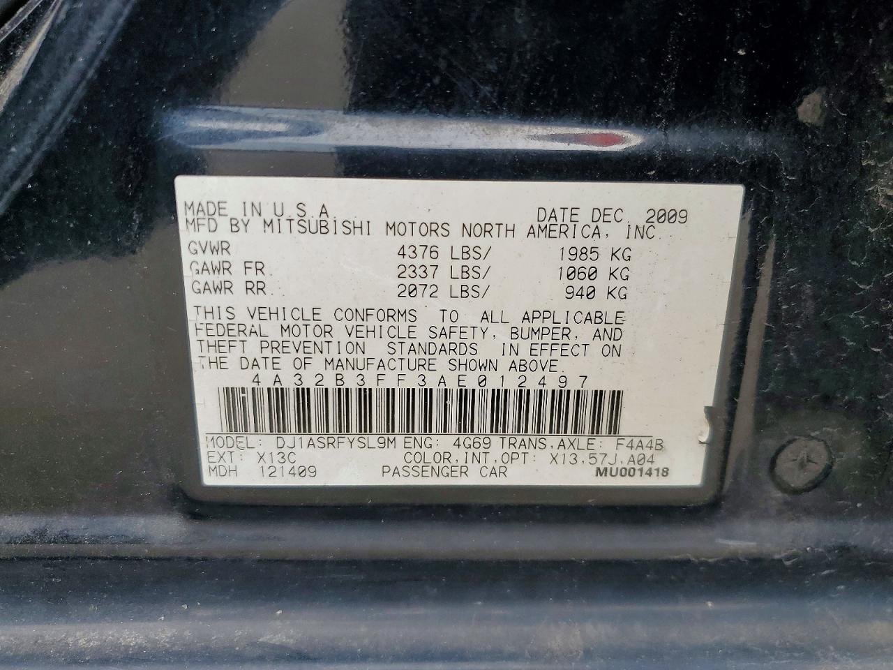 2010 Mitsubishi Galant Es Черный vin: 4A32B3FF3AE012497