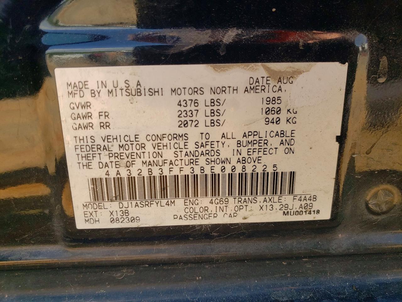 2011 Mitsubishi Galant Es Black vin: 4A32B3FF3BE008225