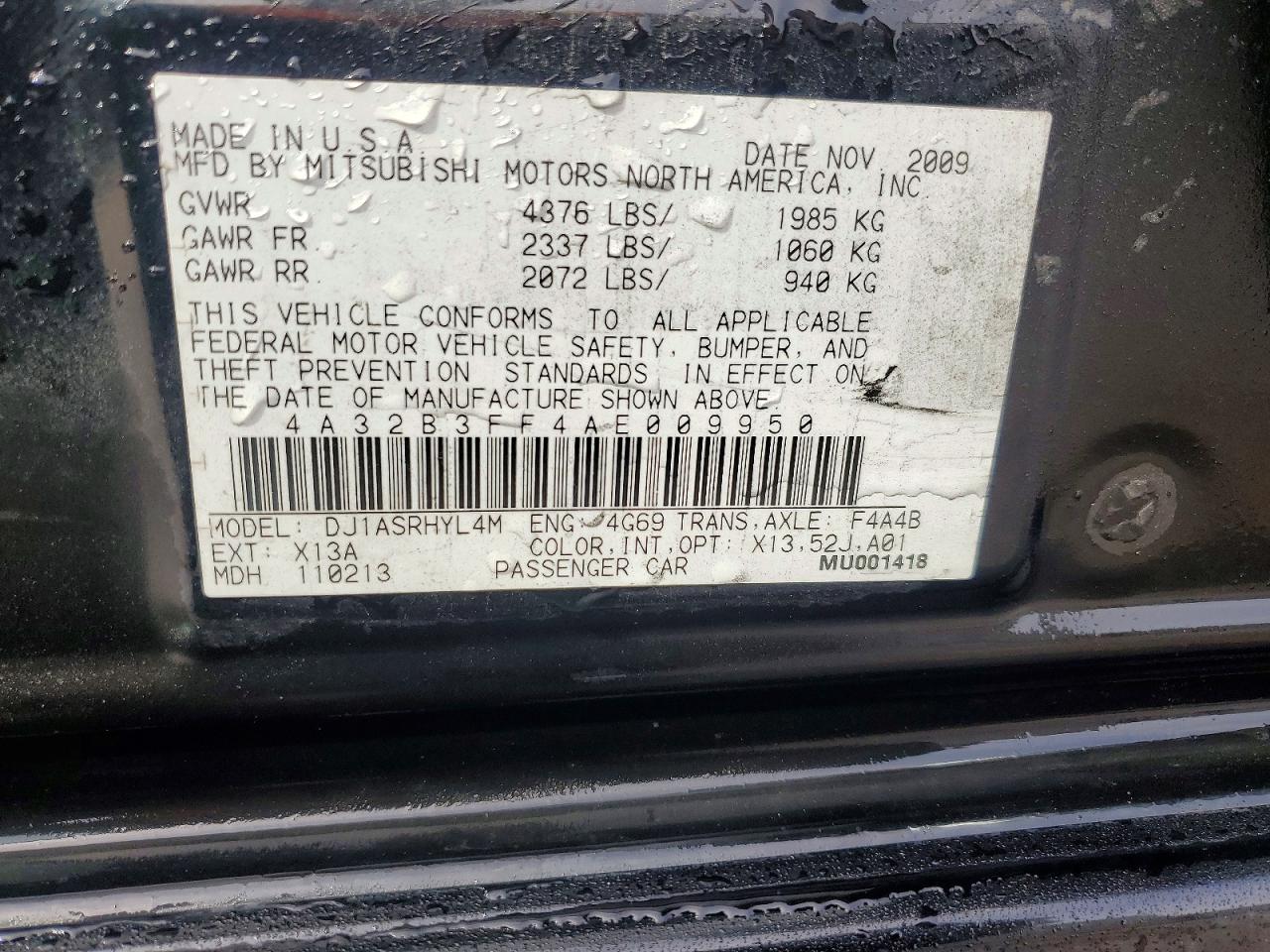2010 Mitsubishi Galant Es Black vin: 4A32B3FF4AE009950