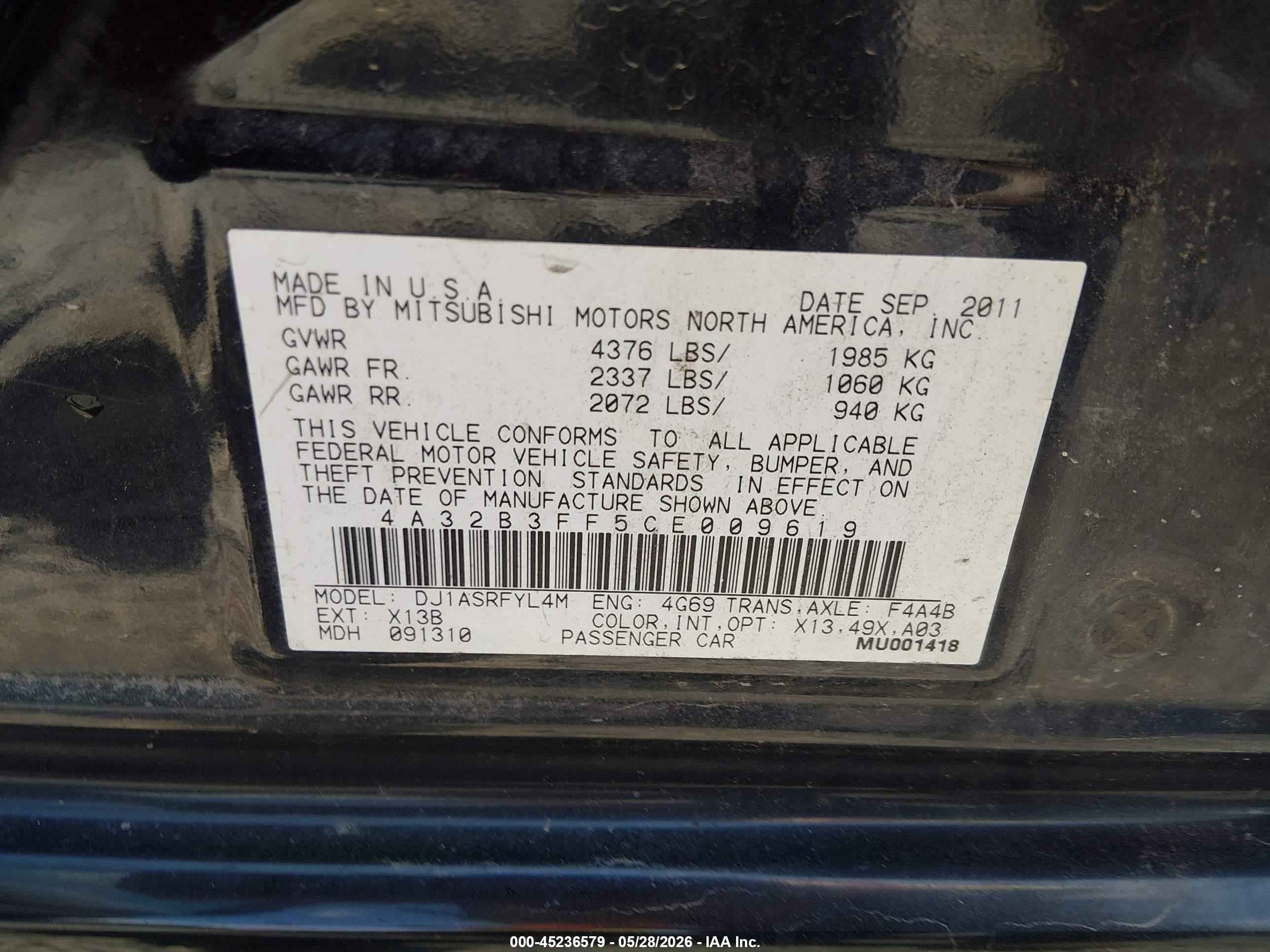 2012 Mitsubishi Galant Es/se Black vin: 4A32B3FF5CE009619