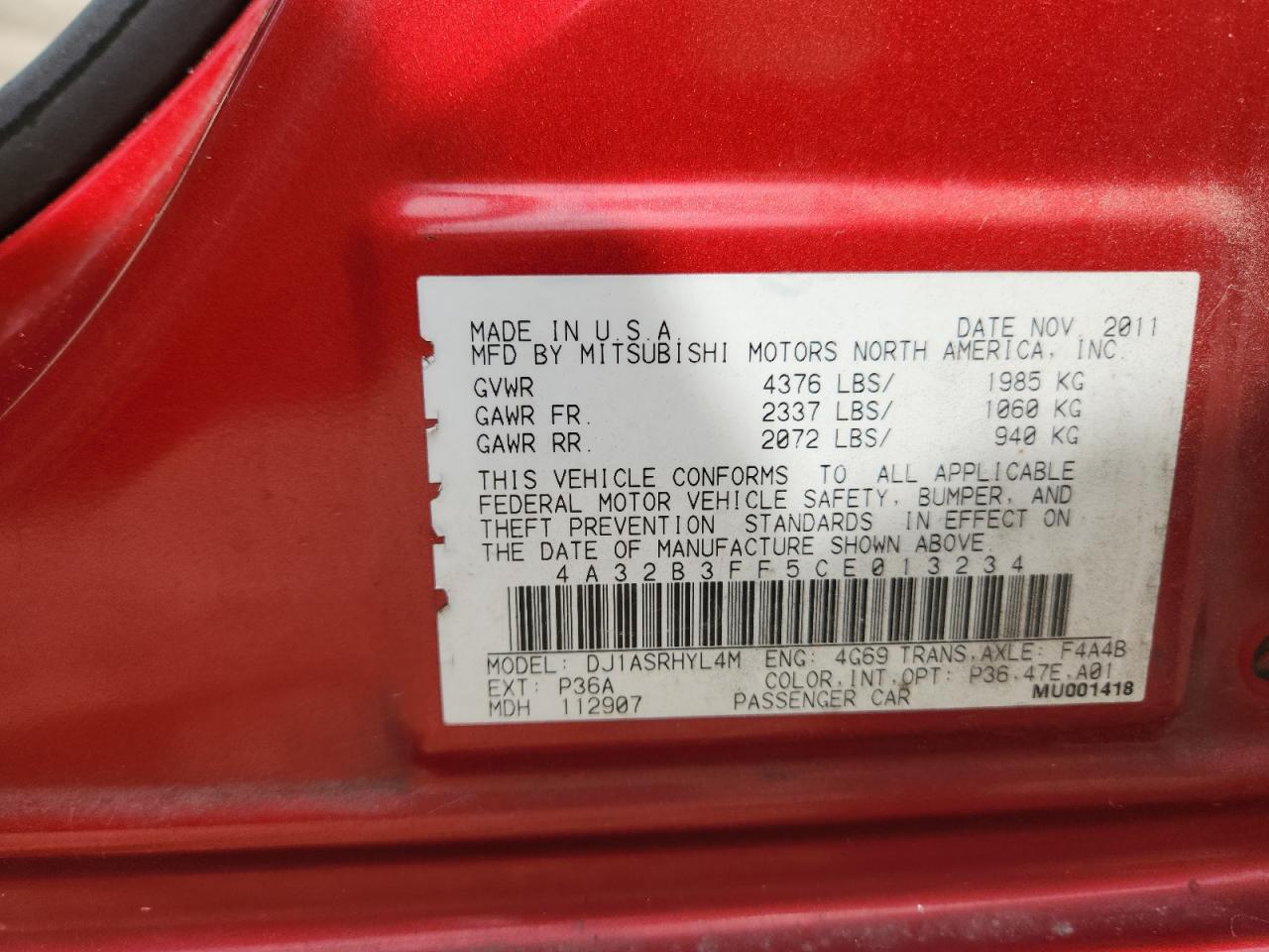 2012 Mitsubishi Galant Es Red vin: 4A32B3FF5CE013234