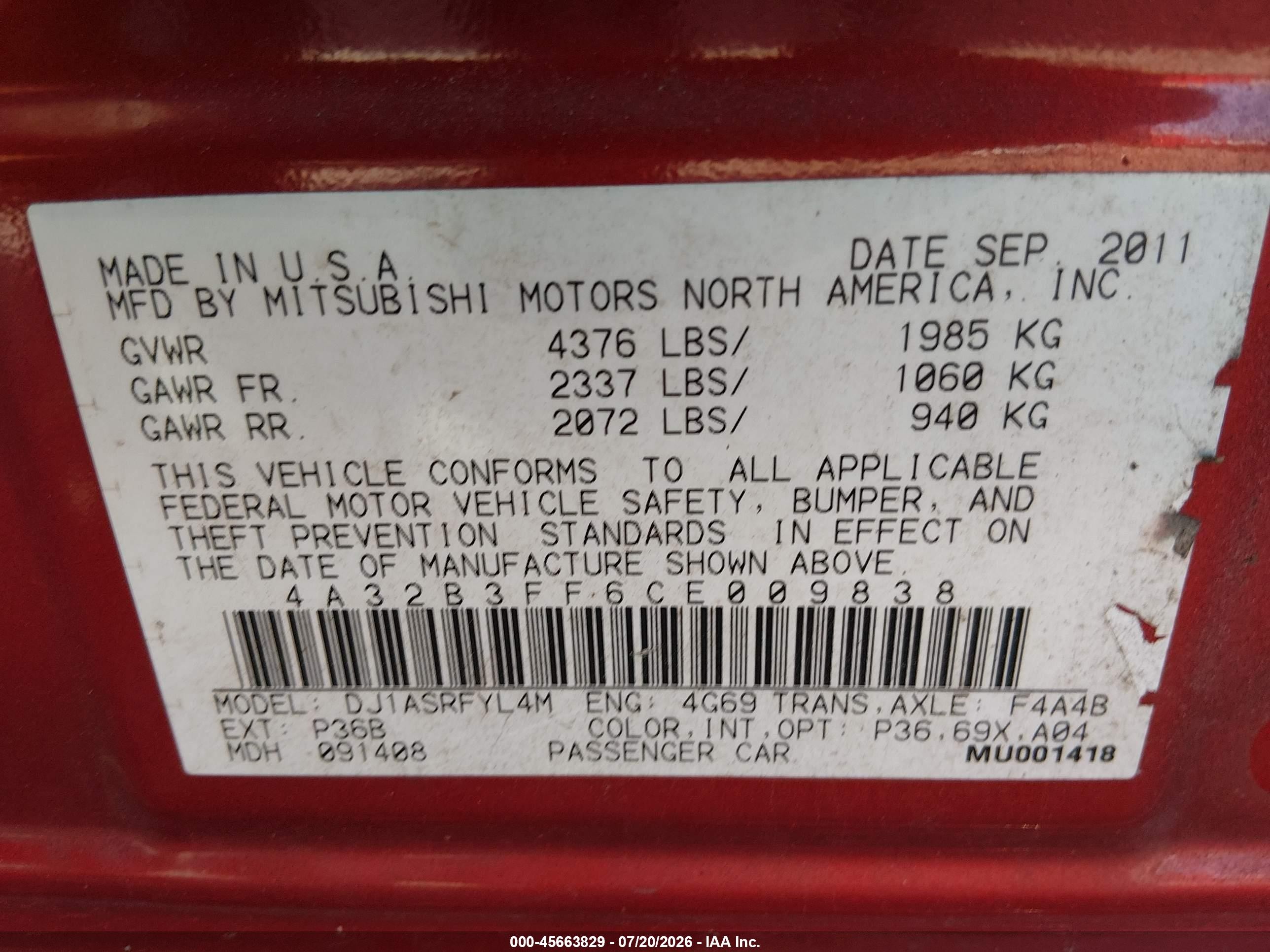 2012 Mitsubishi Galant Es/se Красный vin: 4A32B3FF6CE009838