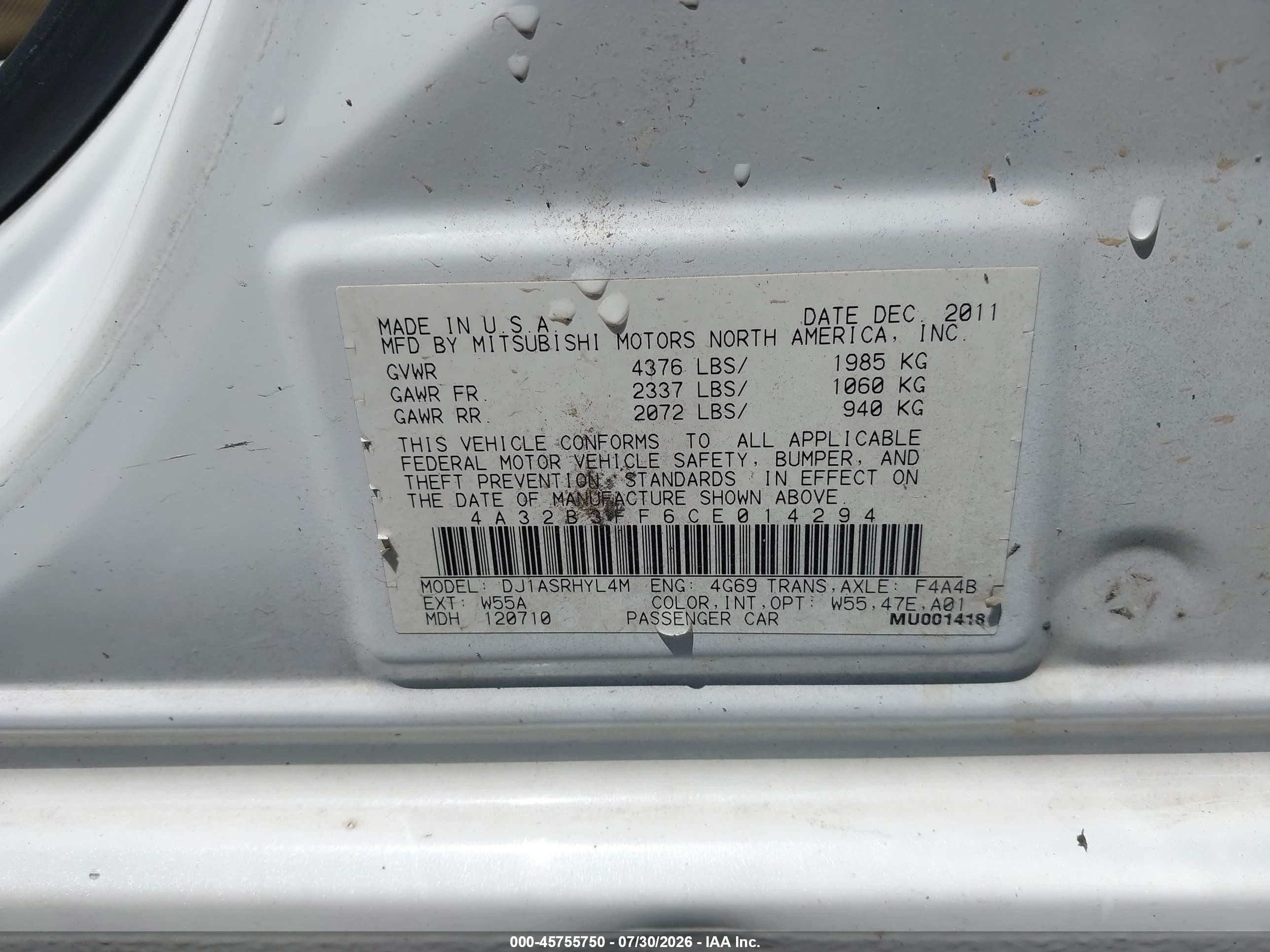 2012 Mitsubishi Galant Es/se White vin: 4A32B3FF6CE014294
