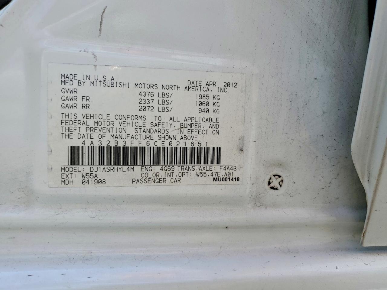 2012 Mitsubishi Galant Es White vin: 4A32B3FF6CE021651