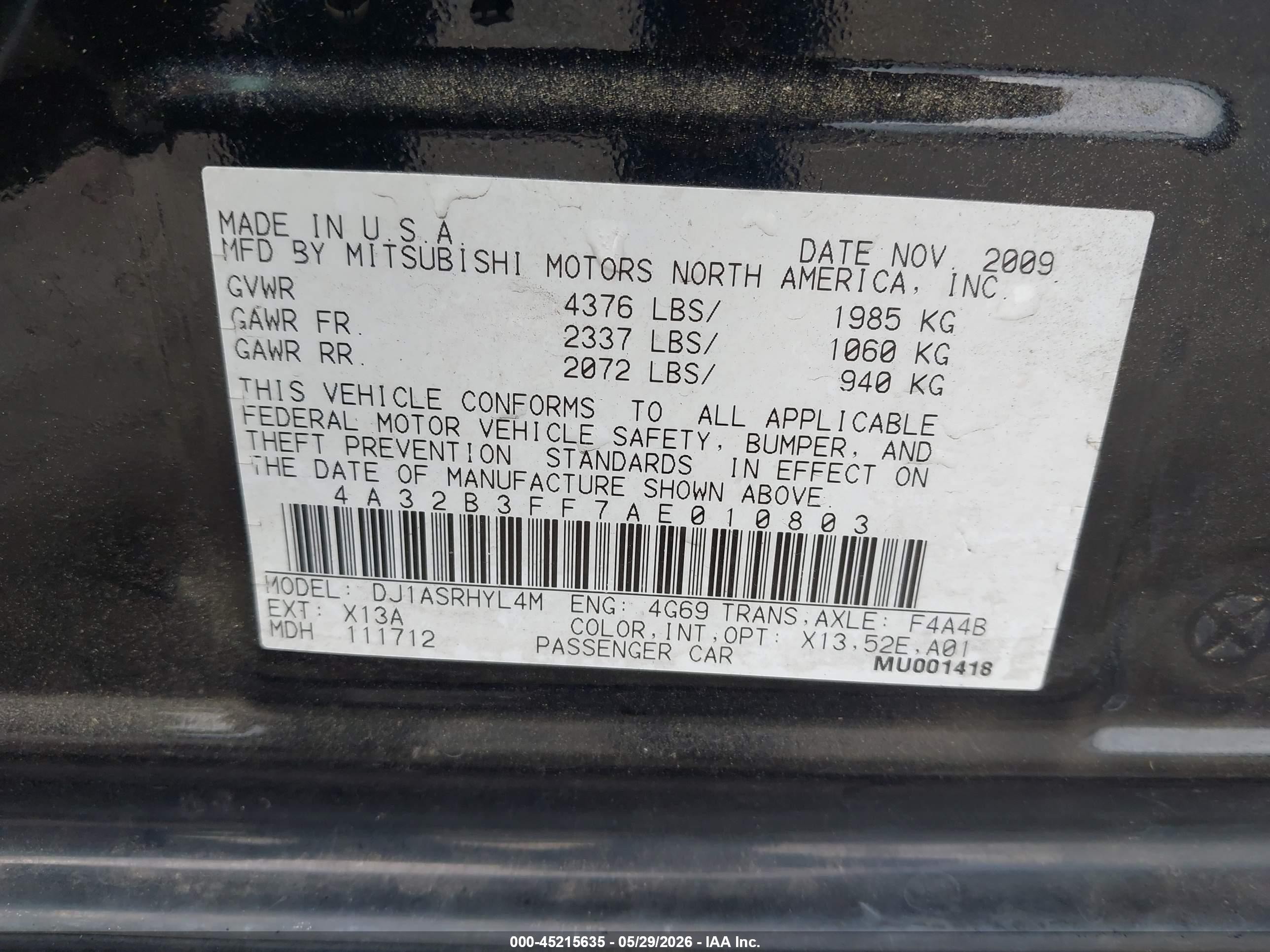 2010 Mitsubishi Galant Es/se Black vin: 4A32B3FF7AE010803