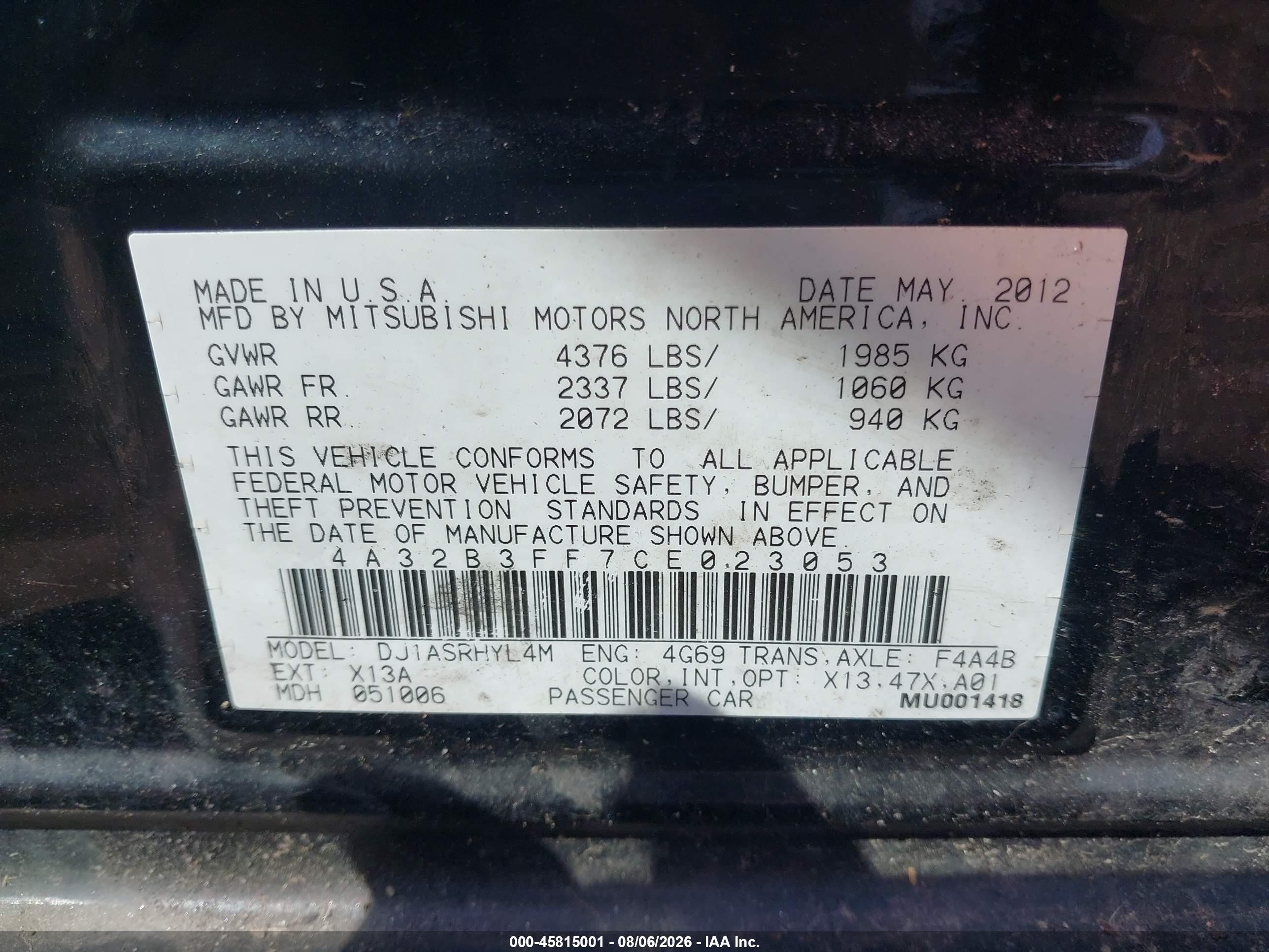 2012 Mitsubishi Galant Es/se Black vin: 4A32B3FF7CE023053