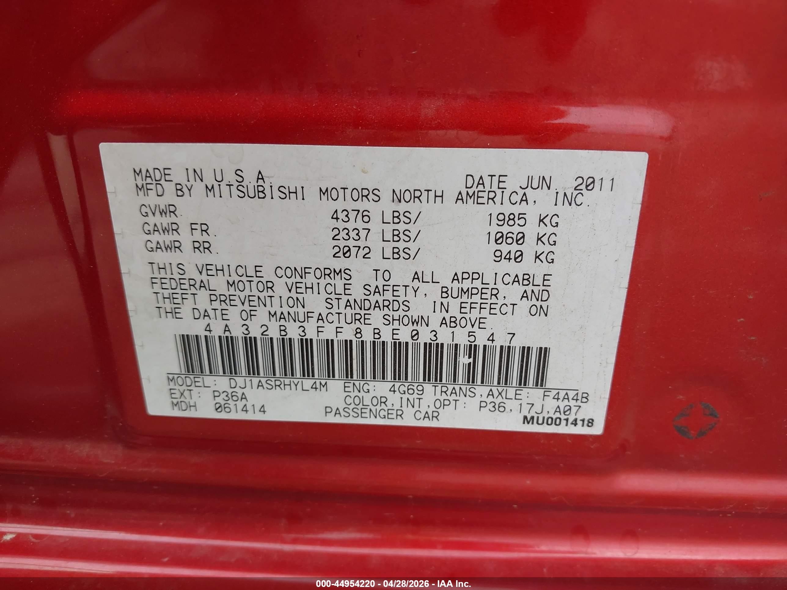 2011 Mitsubishi Galant Es/se Красный vin: 4A32B3FF8BE031547