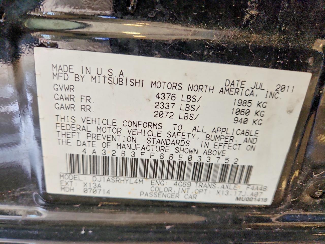 2011 Mitsubishi Galant Es Черный vin: 4A32B3FF8BE033752