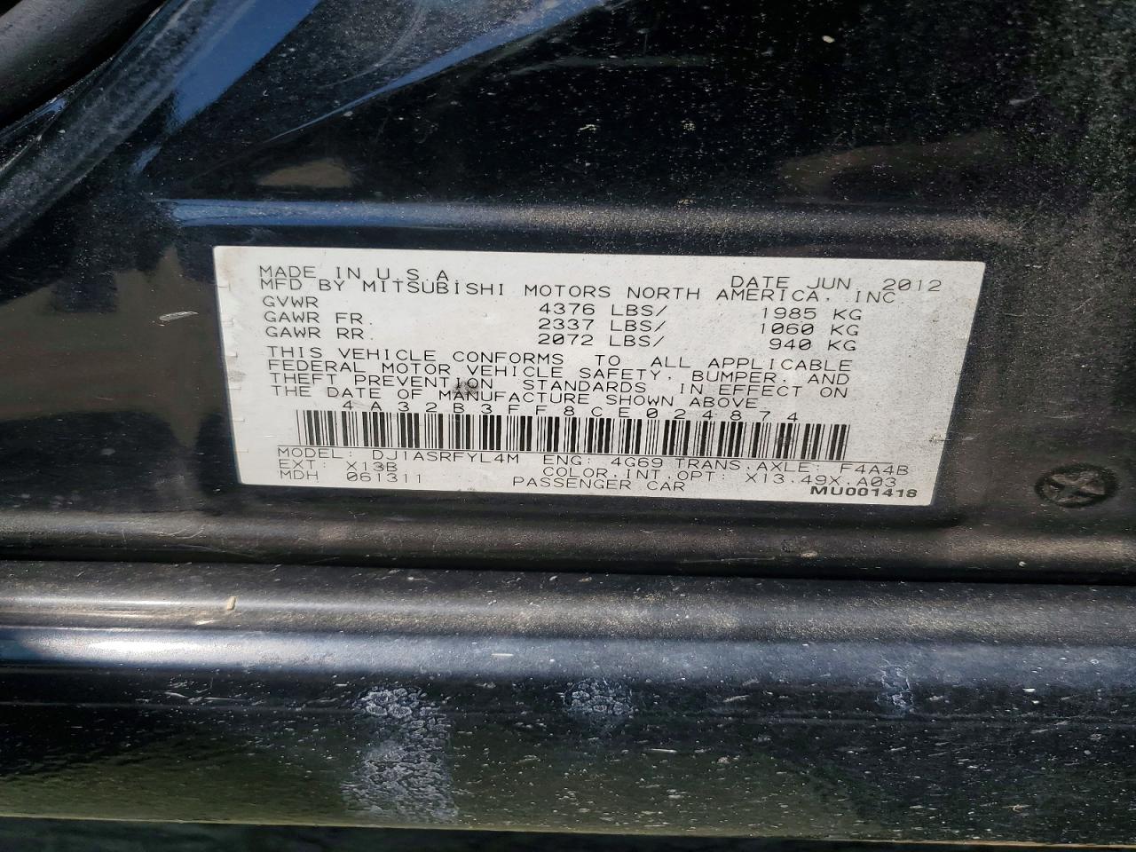 2012 Mitsubishi Galant Es Black vin: 4A32B3FF8CE024874