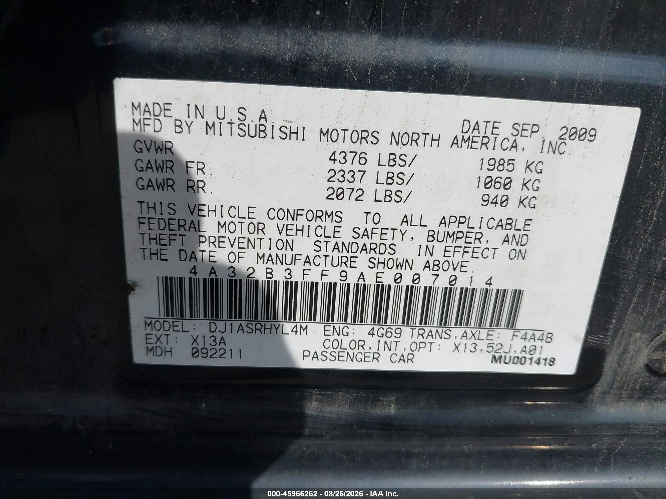 2010 Mitsubishi Galant Es/se Black vin: 4A32B3FF9AE007014