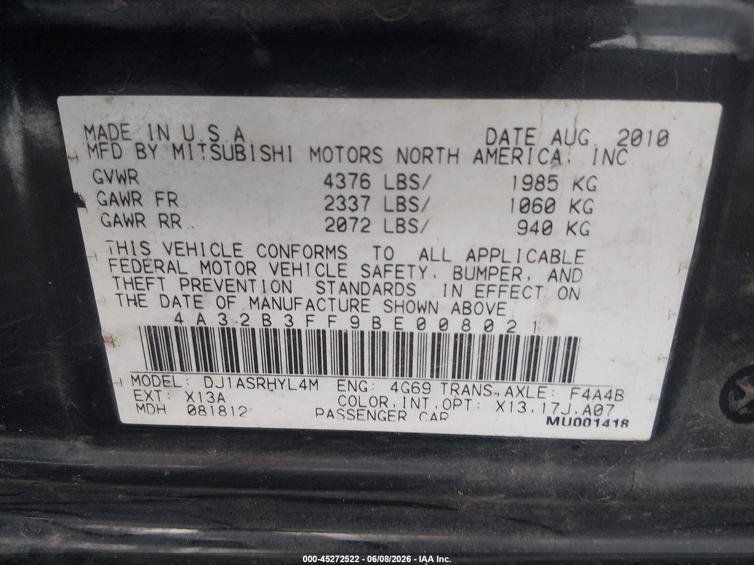2011 Mitsubishi Galant Es/se Black vin: 4A32B3FF9BE008021