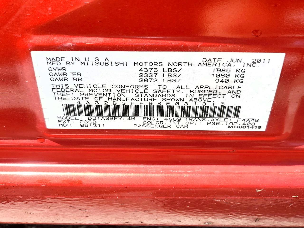 2011 Mitsubishi Galant Es Red vin: 4A32B3FF9BE031315