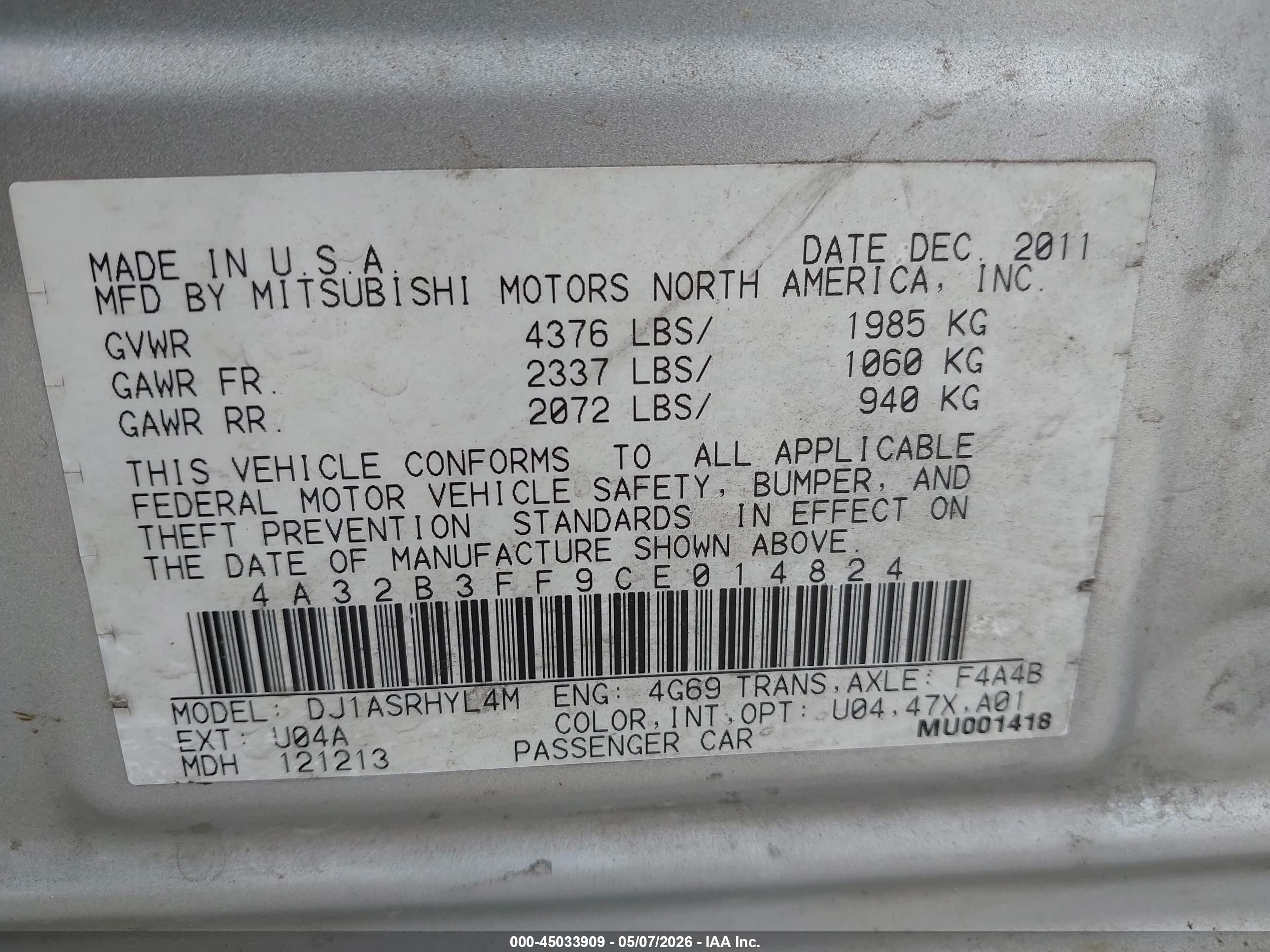 2012 Mitsubishi Galant Es/se Silver vin: 4A32B3FF9CE014824