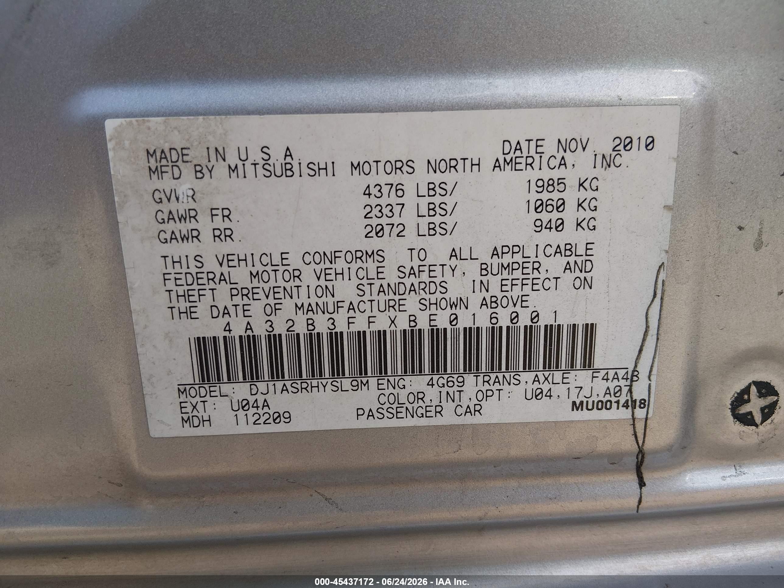 2011 Mitsubishi Galant Es/se Silver vin: 4A32B3FFXBE016001