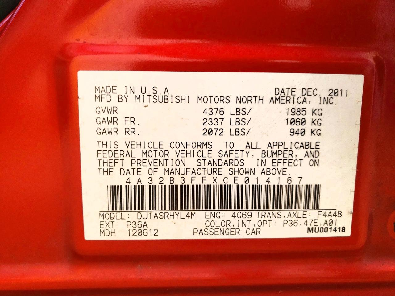 2012 Mitsubishi Galant Orange vin: 4A32B3FFXCE014167