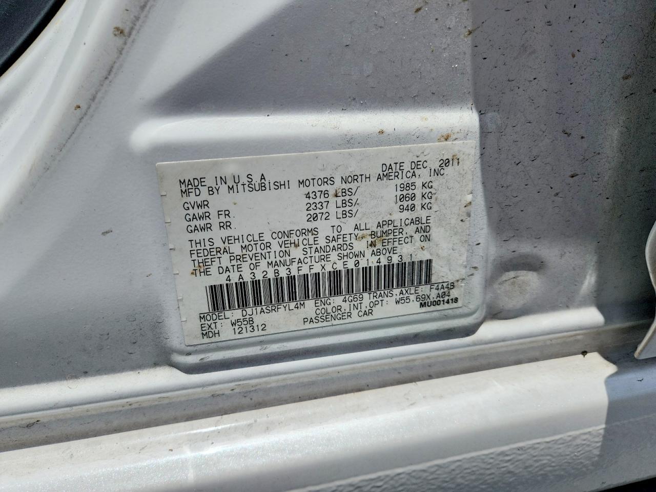 2012 Mitsubishi Galant Es White vin: 4A32B3FFXCE014931