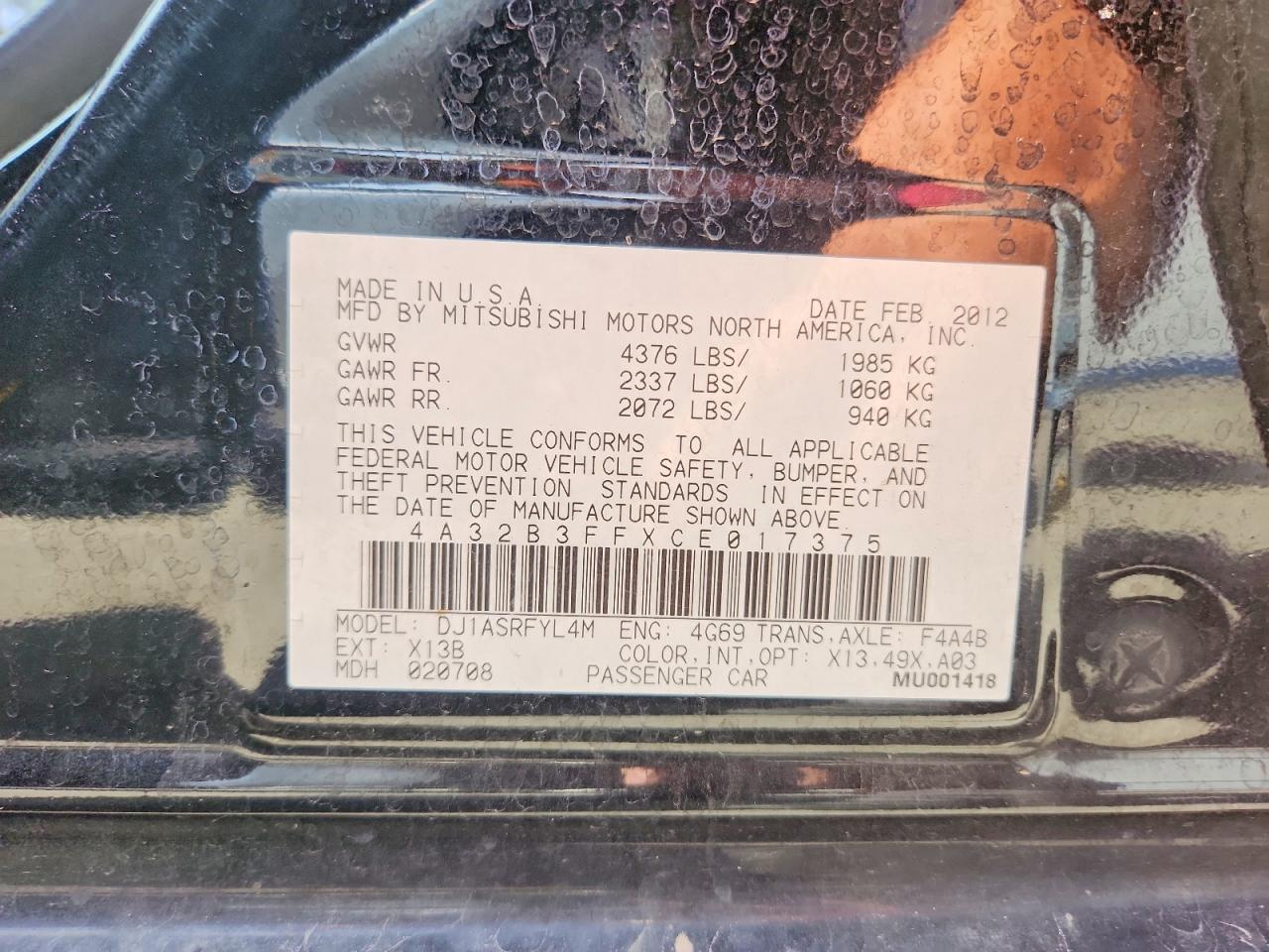 2012 Mitsubishi Galant Black vin: 4A32B3FFXCE017375