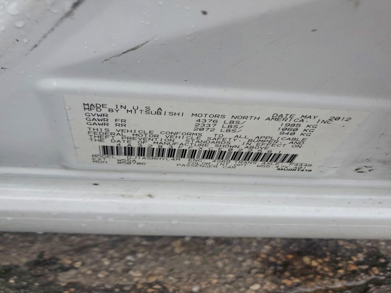 2012 Mitsubishi Galant Es White vin: 4A32B3FFXCE022561