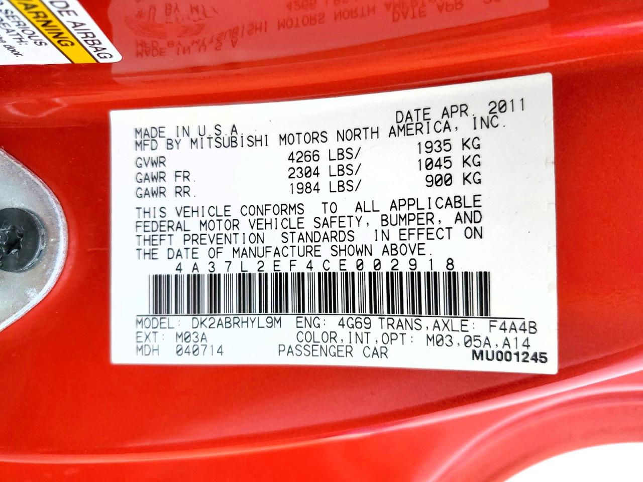 2012 Mitsubishi Eclipse Spyder Gs Orange vin: 4A37L2EF4CE002918