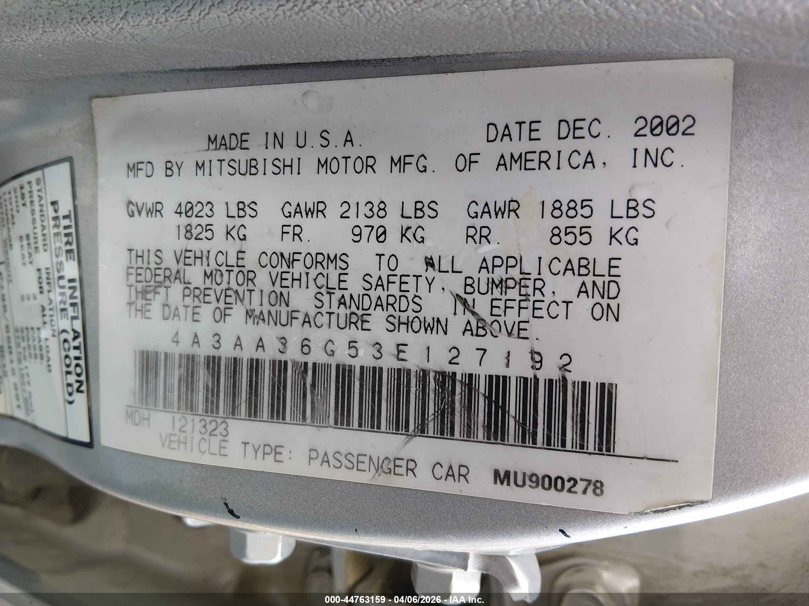 2003 Mitsubishi Galant De Silver vin: 4A3AA36G53E127192