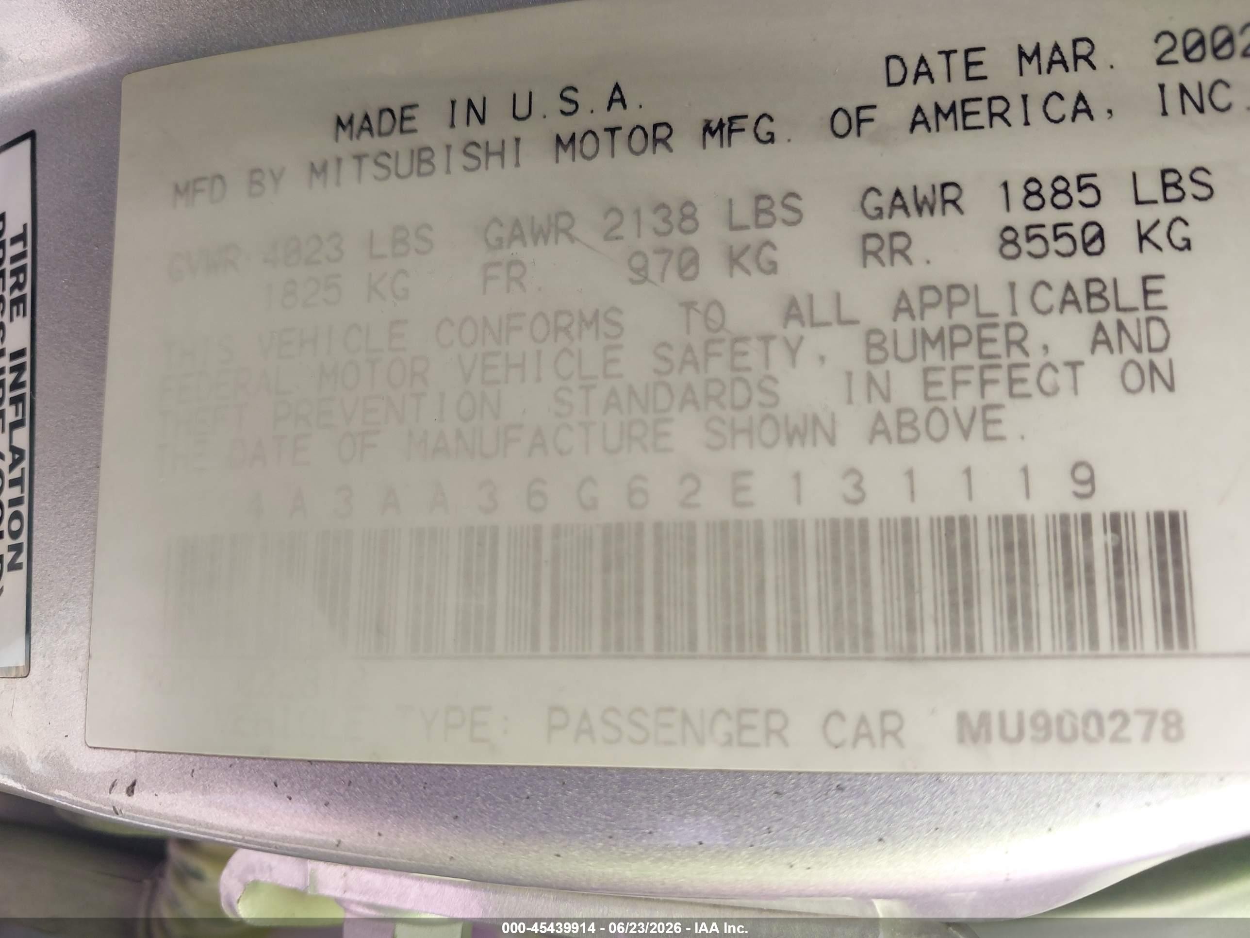 2002 Mitsubishi Galant De Silver vin: 4A3AA36G62E131119