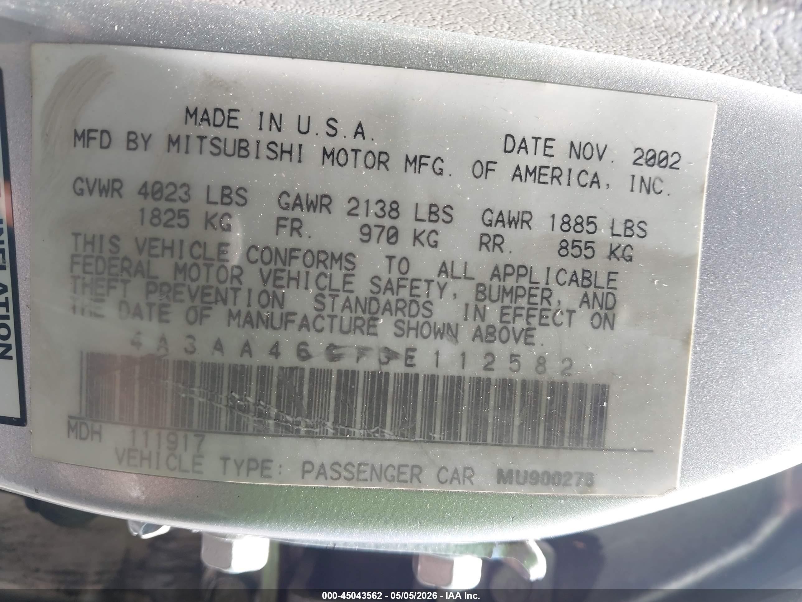 2003 Mitsubishi Galant Es/ls Silver vin: 4A3AA46G13E112582