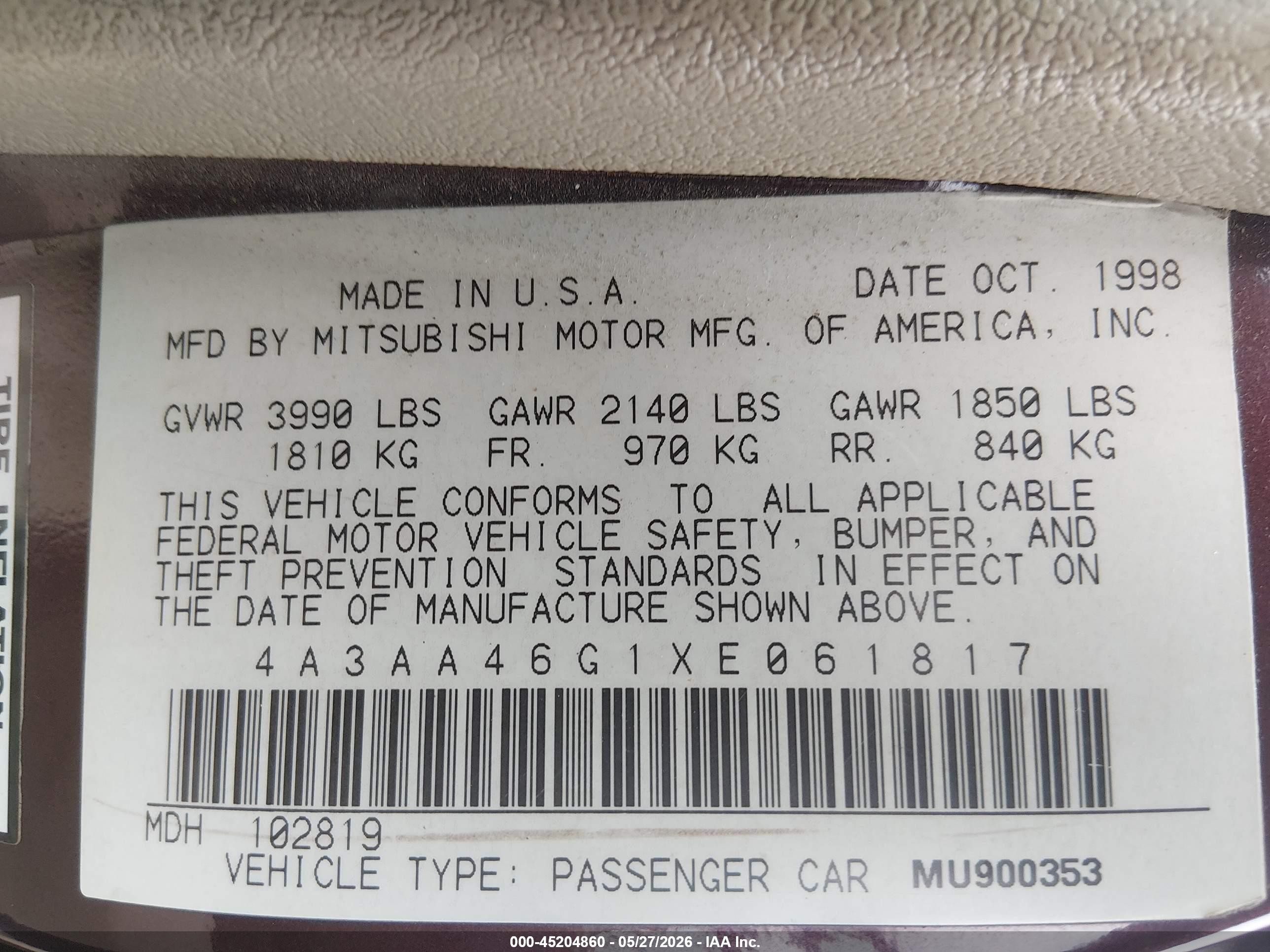 1999 Mitsubishi Galant Es Purple vin: 4A3AA46G1XE061817