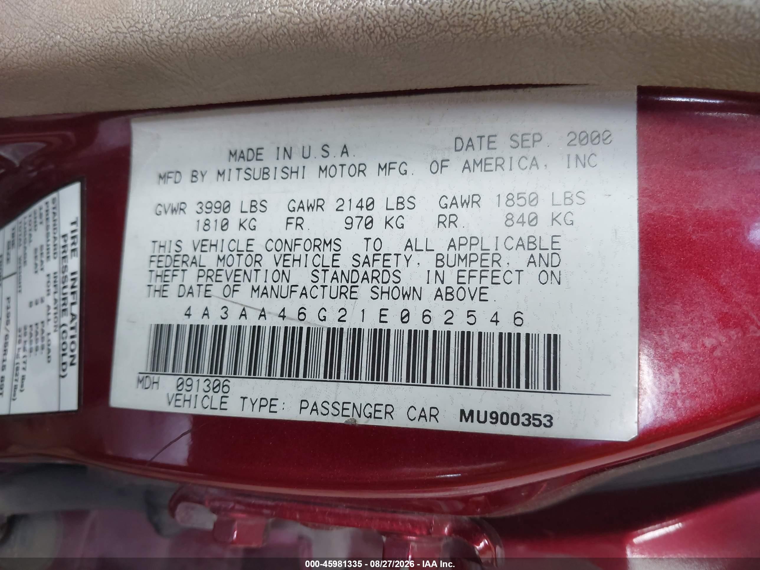 2001 Mitsubishi Galant Es Red vin: 4A3AA46G21E062546
