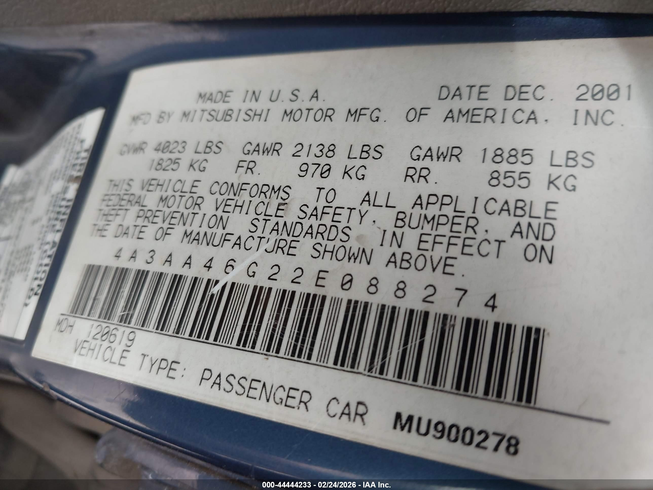 2002 Mitsubishi Galant Es/ls Blue vin: 4A3AA46G22E088274