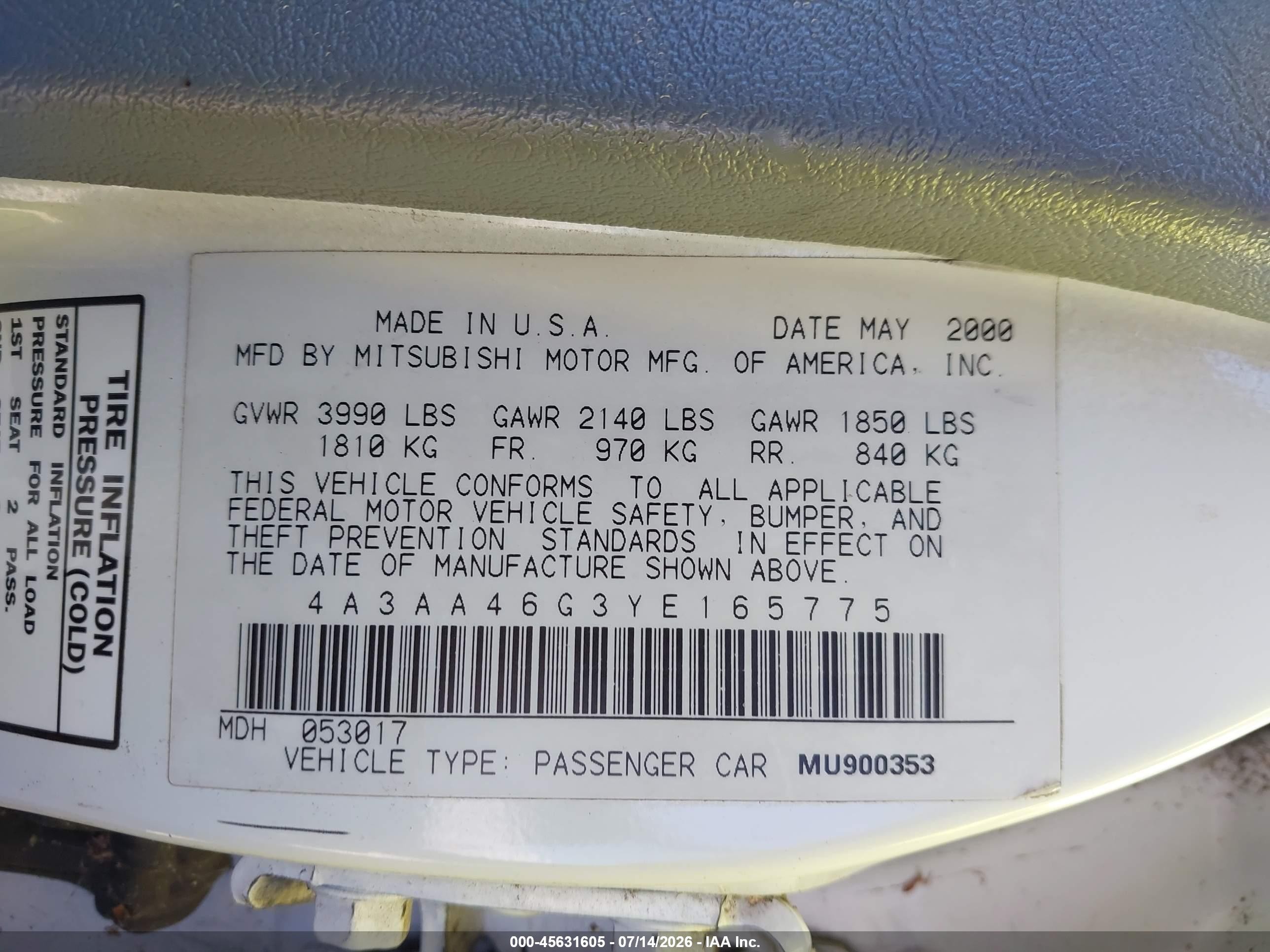 2000 Mitsubishi Galant Es White vin: 4A3AA46G3YE165775