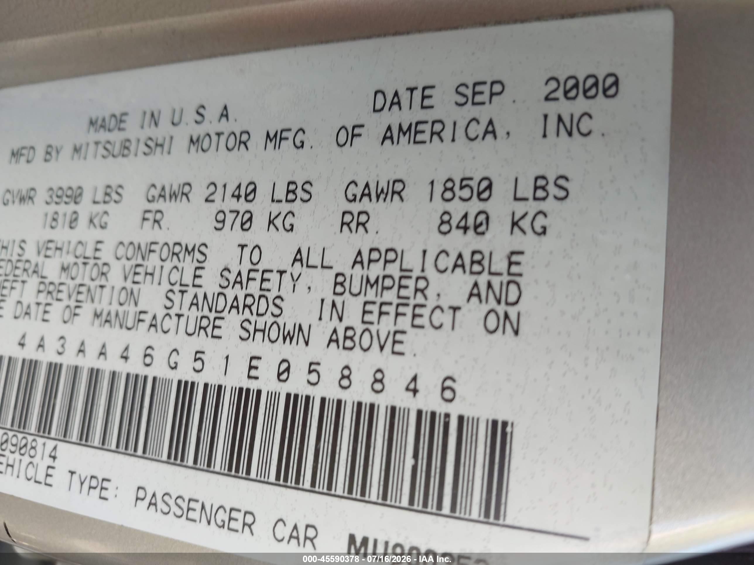 2001 Mitsubishi Galant Es Silver vin: 4A3AA46G51E058846