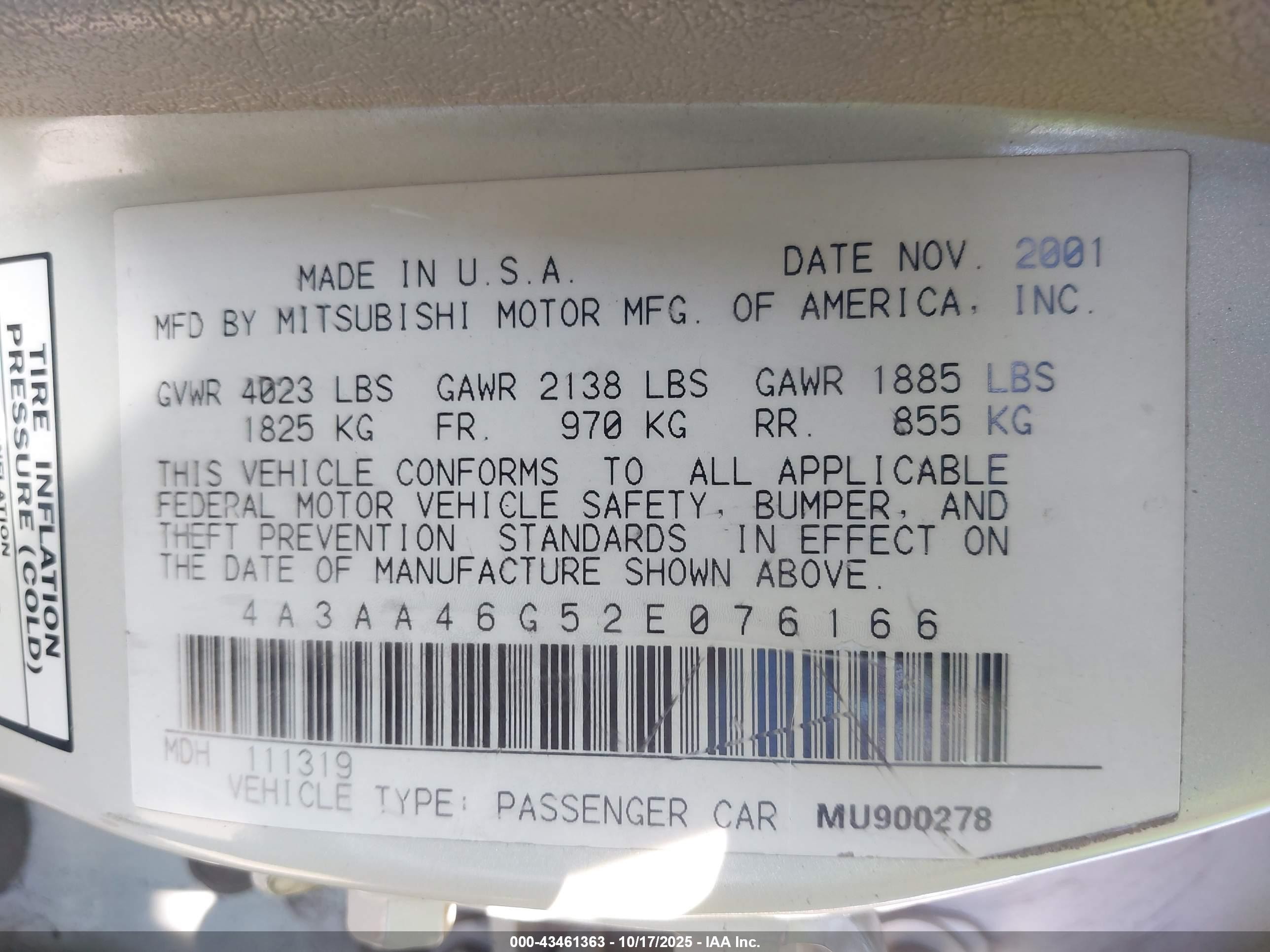 2002 Mitsubishi Galant Es/ls White vin: 4A3AA46G52E076166